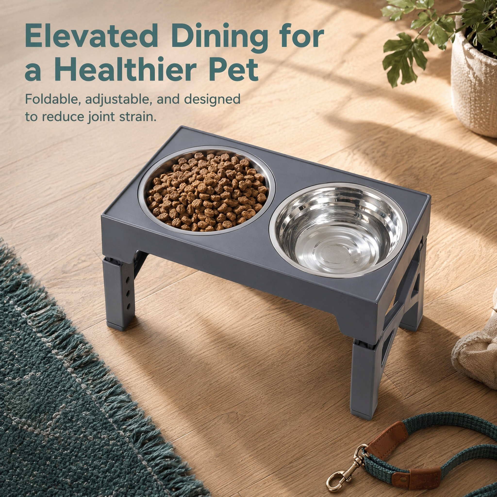 Image of Adjustable Raised Dog Feeding Bowl With Slow Feeder, 2 Stainless Steel Bowls & 5 Height Levels, Elevated Stand For Small, Medium & Large Pets