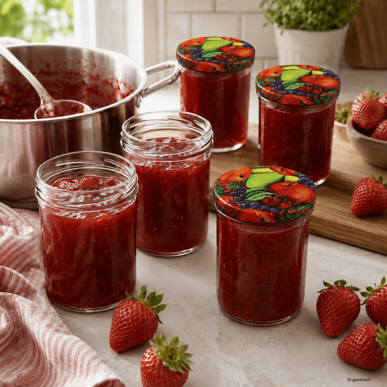 Image of 48-piece Set 435ml Jam Jars With To 82 Lids, Fruit-decorated, Glass Jars For Canning, Preserving, Fermenting & Storing With Recipe Booklet, Canning Jars