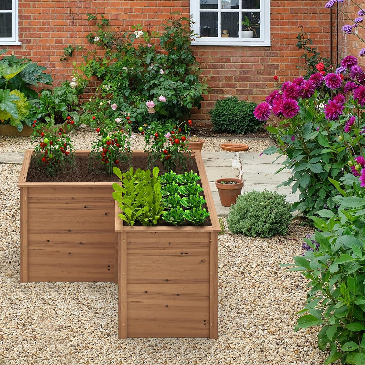 Image of Wooden Raised Garden Bed, 62 Cm Deep Outdoor Solid Wood Elevated Planter Box With Open-ended Base, L-shaped Above Ground Planter For Flower Vegetable , Gardening Kit For Patio Lawn Yard