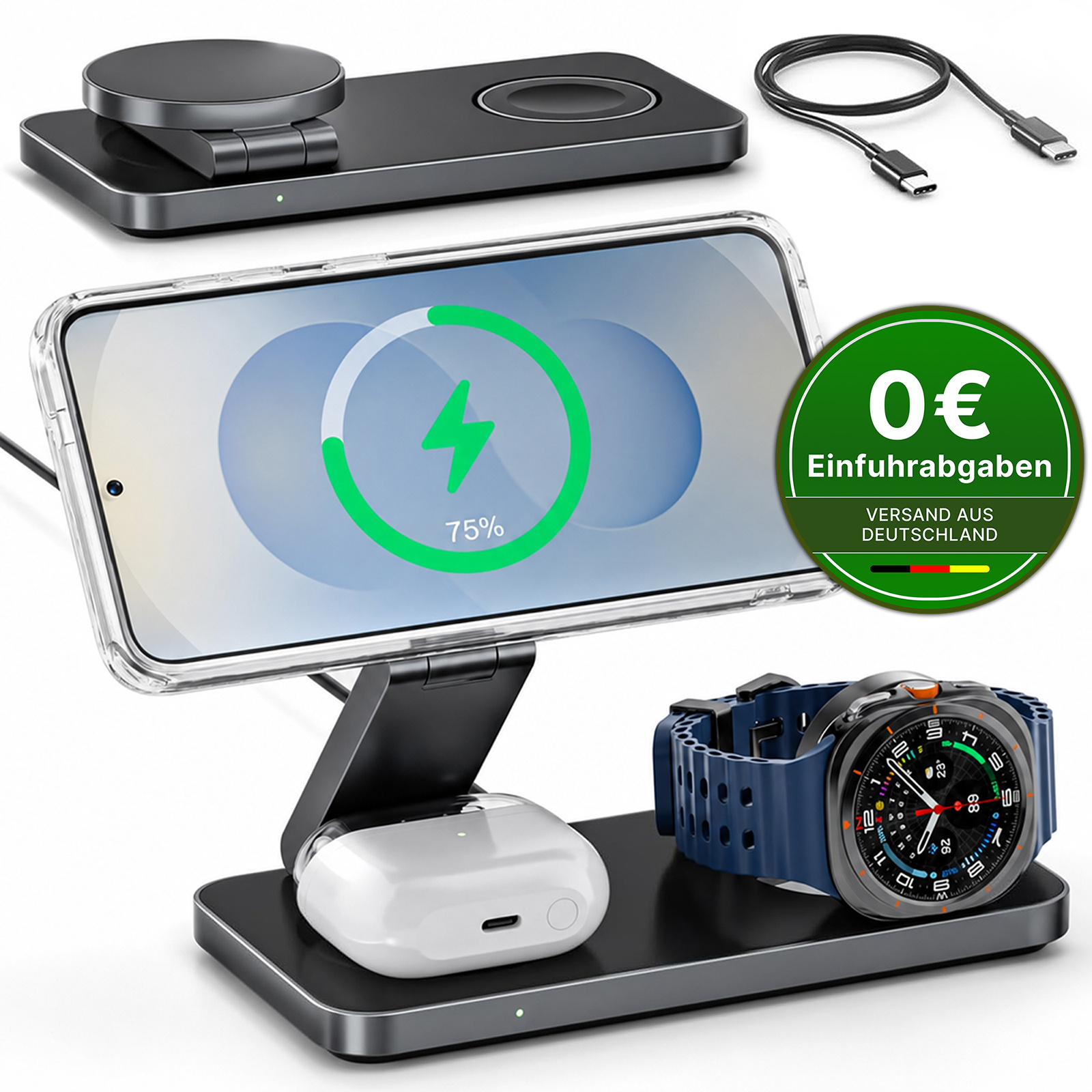 Image of 3in1 Foldable Wireless Charging Station For Galaxy S26/s25/s24/s23/s22/s21, Galaxy Watch & Galaxy Buds, 15w Fast Charger, Magnetic, Inductive, Compact For Travel & Nightstand