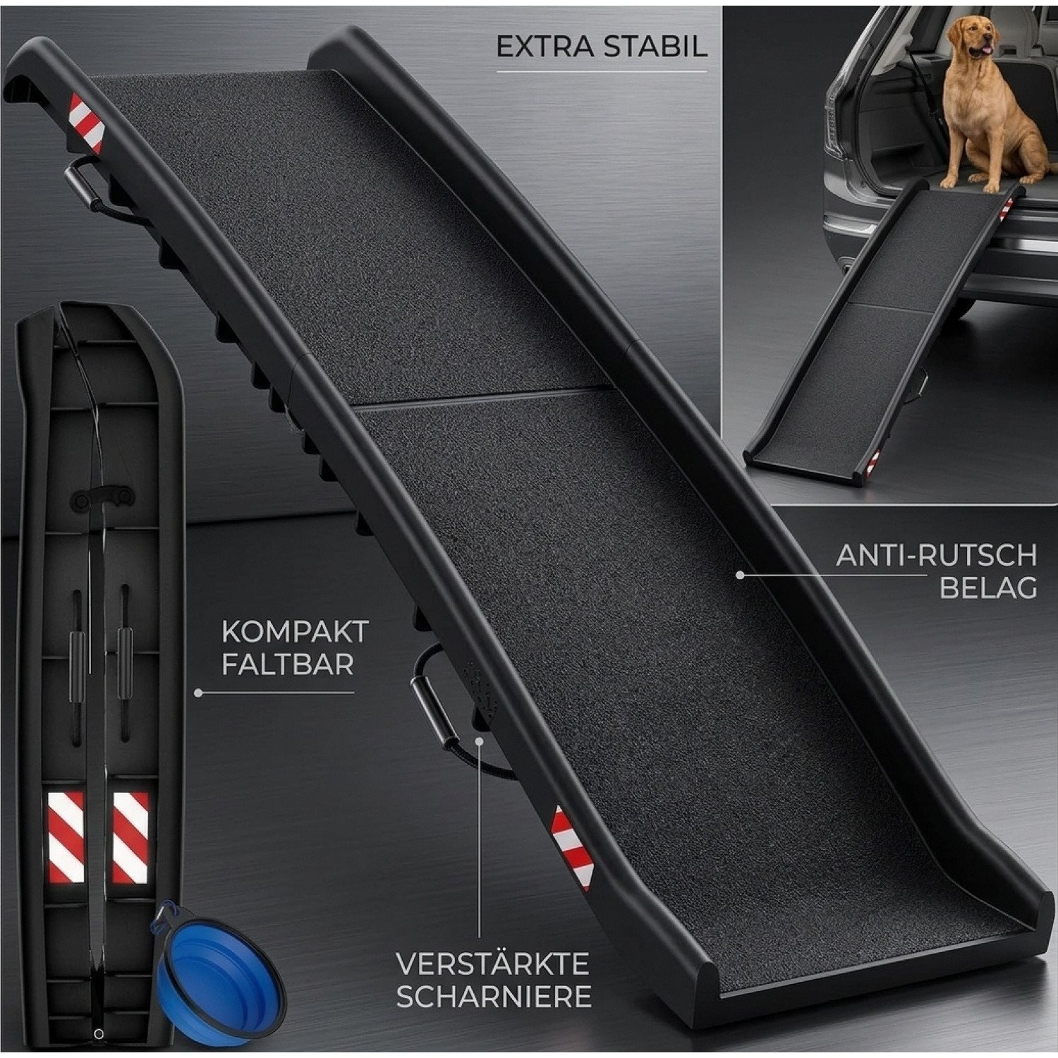Image of Folding Car Ramp For Dogs And Cats, 90kg Capacity, Compact 156x40cm, With Carrying Handle, Safety Hook, Reflectors, Water Bowl, Non-slip, Lightweight Entry Aid