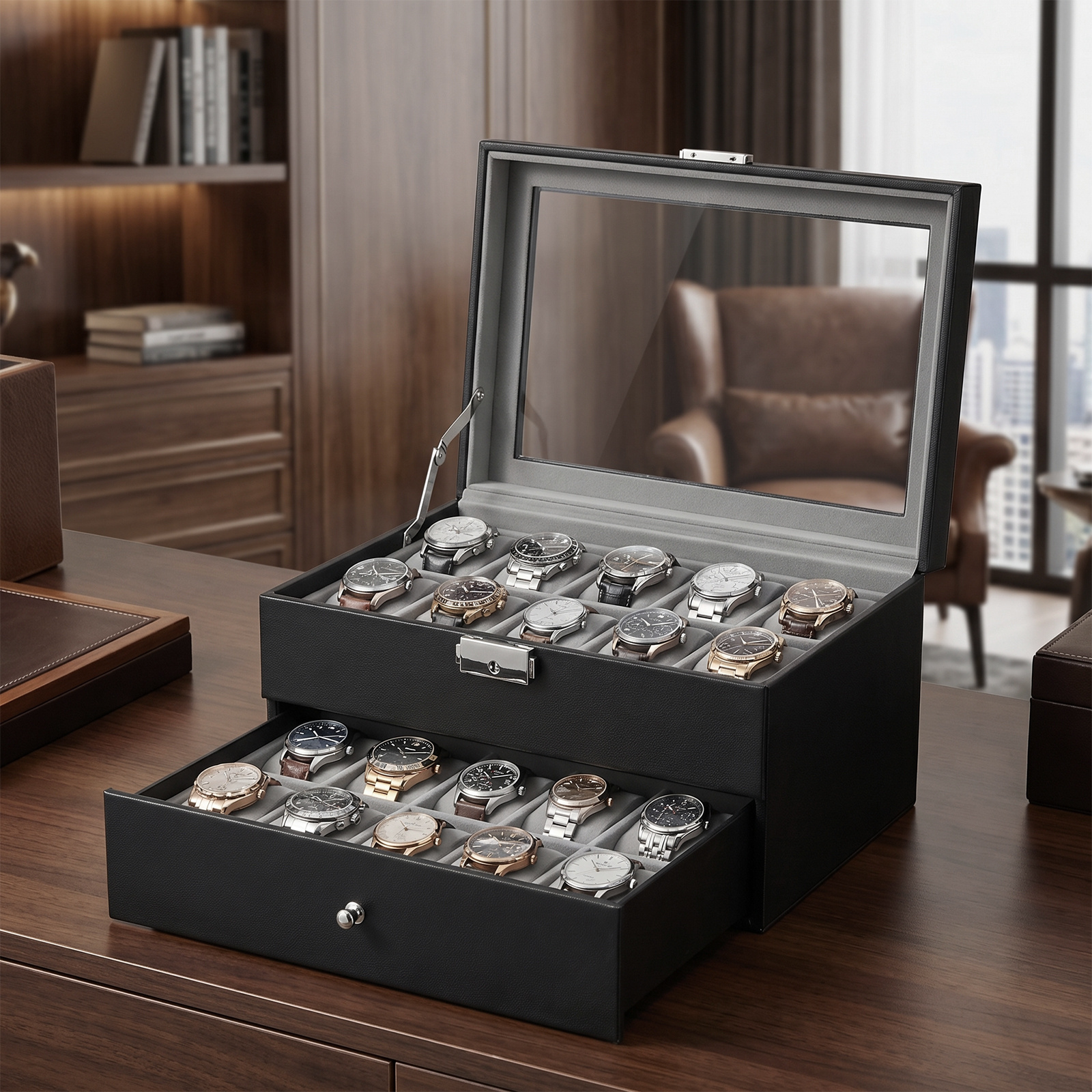 Watch Case With Glass Lid, 2-tier Watch Box, Gift Idea For Men, Removable Cushions, Pu, Black