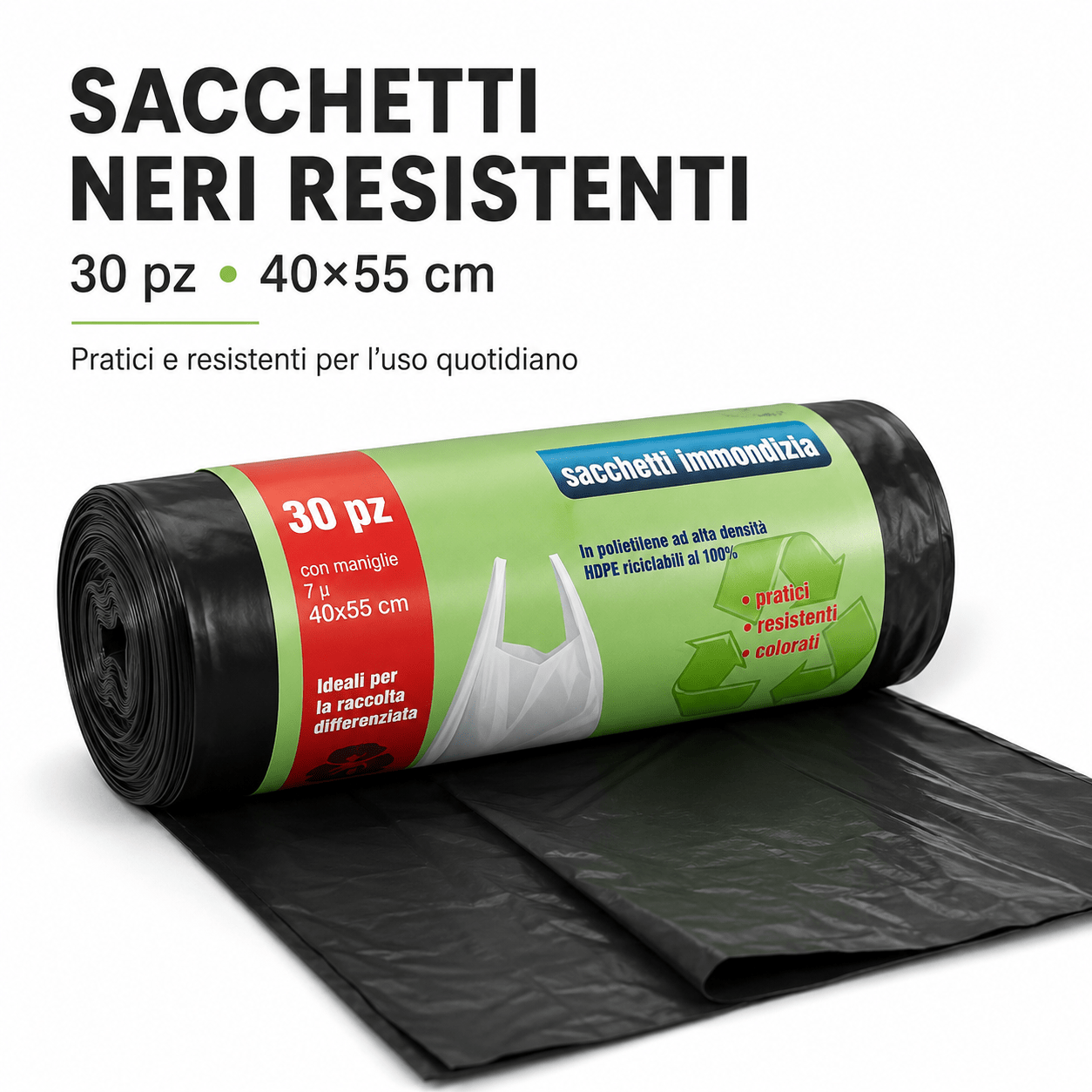 TEMU Black Trash Bags With Handles 40x55cm – Roll Of 30pcs Thickness 7 Micron, Reusable Waste Bags For Separate Collection At Home And Office
