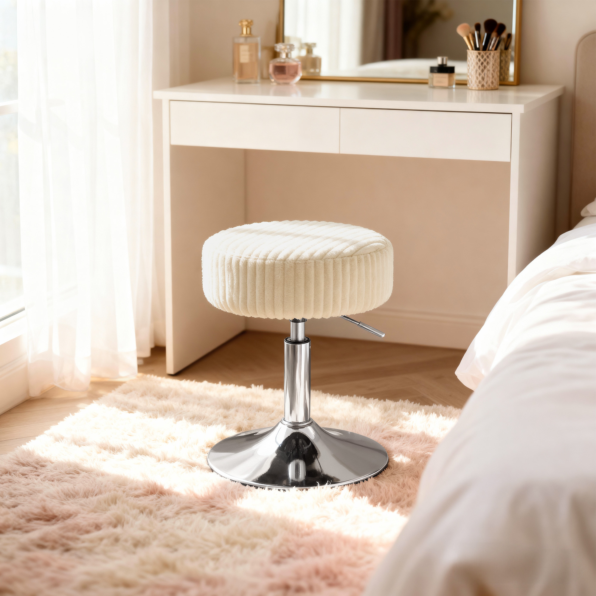 Stool, Vanity Chair, Height-adjustable, , Thick Padding, White