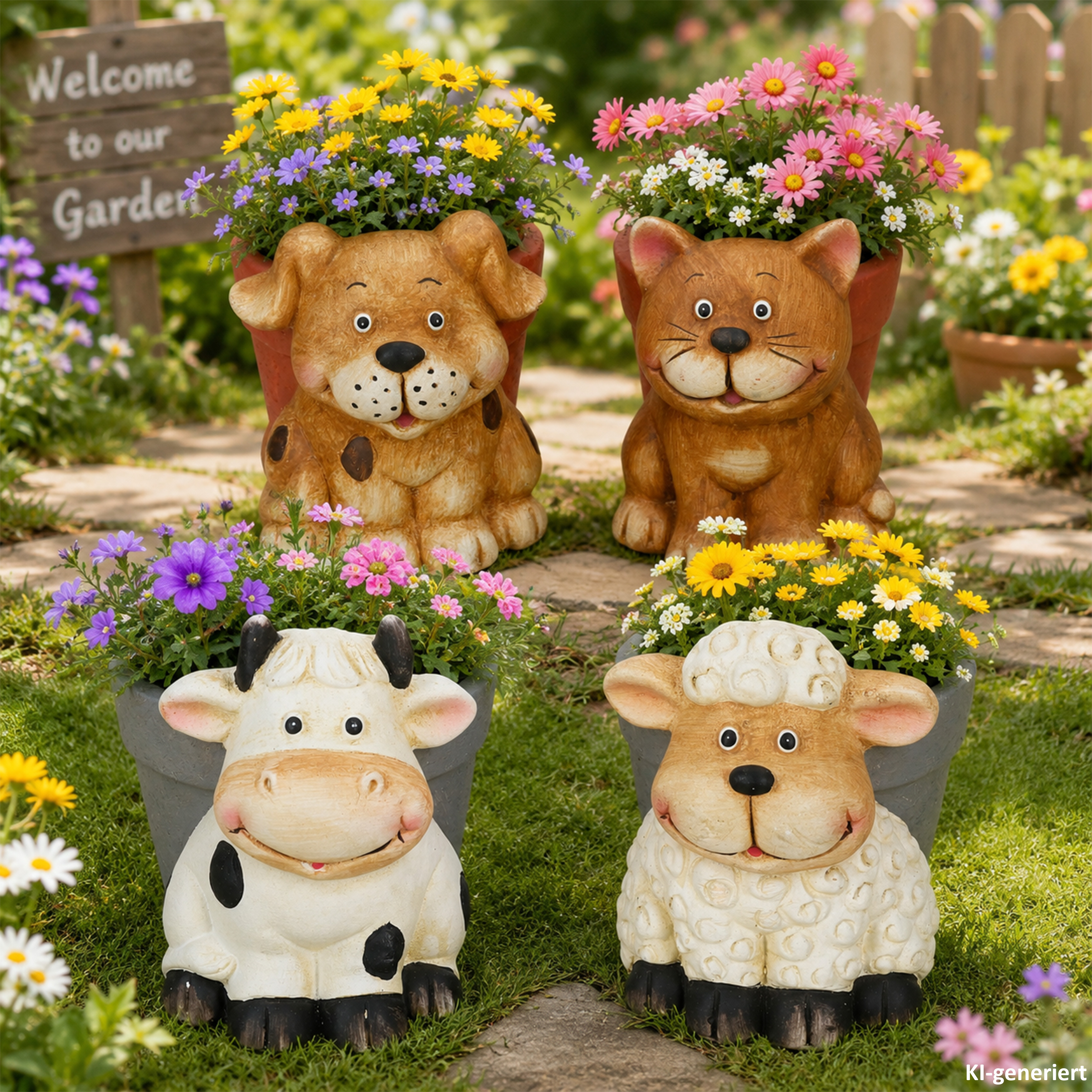 Image of 4pcs Set Of Übertopf Family Animal Decor With 1x Dog Rudi, Cat Chrissi, Cow & Sheep Magnesium Oxide For Flowers And Plants In Living Area & Garden