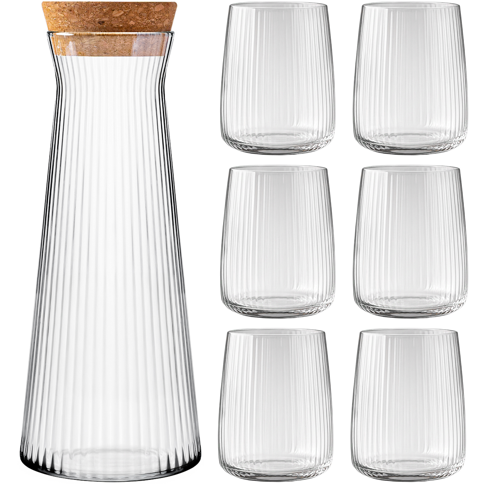 Image of Water Carafe With 6 Ribbed Glasses - Glass Carafe 1 L & Drinking Glasses Set 320 Ml - Elegant & Dishwasher-safe Design - Long-lasting, Stylish, For Home Or Café
