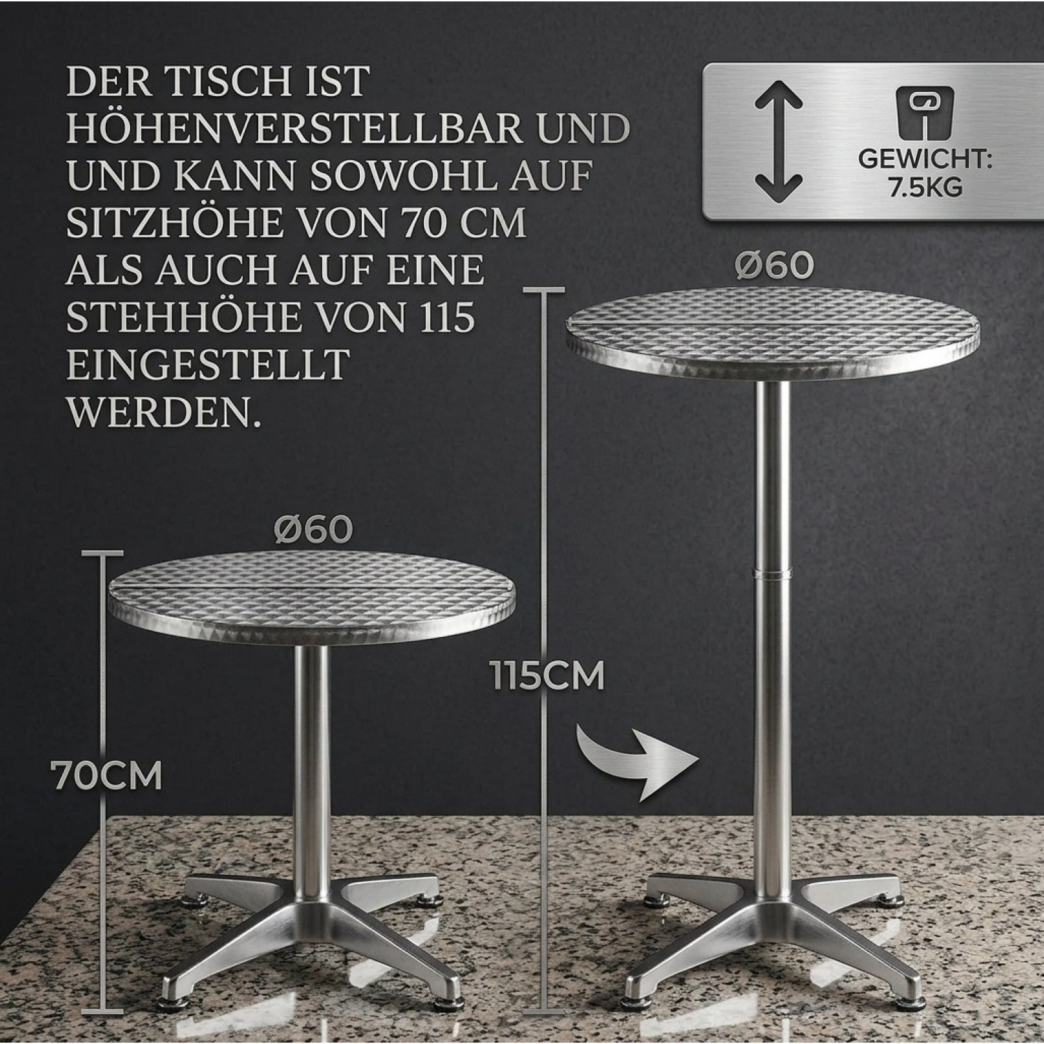 Image of 2-in-1 Folding Height-adjustable Bar Table, 70 Cm / 115 Cm Tall, Aluminum, Round Ø60 Cm, Weatherproof, Outdoor Garden Bistro Table, Beer Table, Party Table
