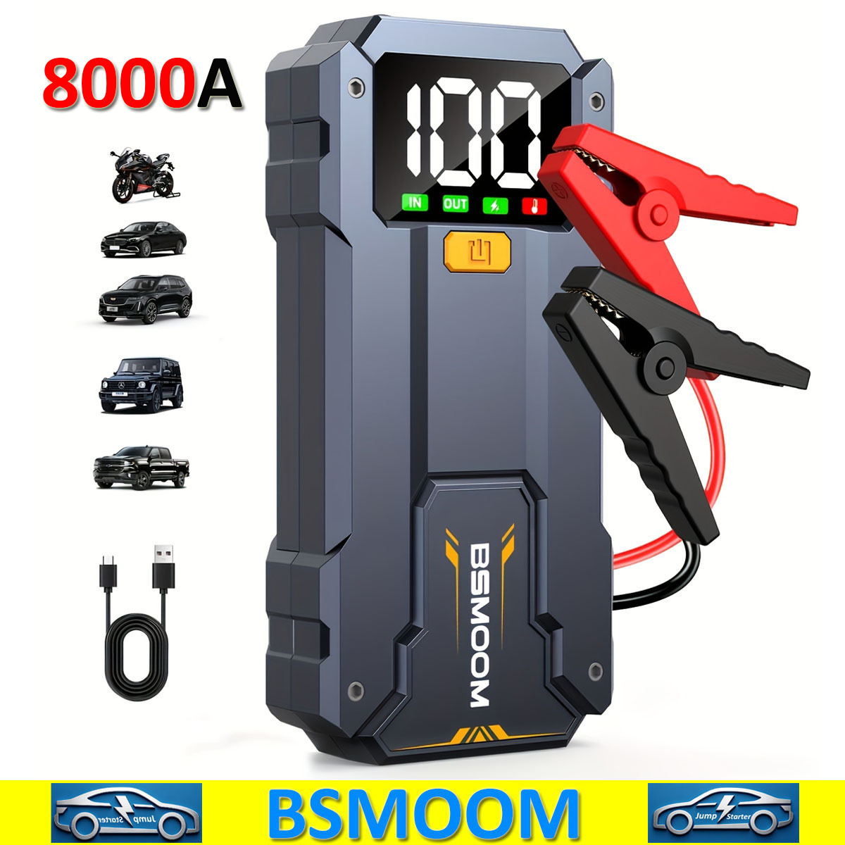immagine dell'articolo Avviatore di emergenza per auto 8000A, pacchetto di ricarica batteria auto 26800mAh / 12800mAh, power bank, jump box con luce LED e schermo LCD (per tutti i motori a benzina o diesel da 10,0 litri), Apri in una nuova scheda.
