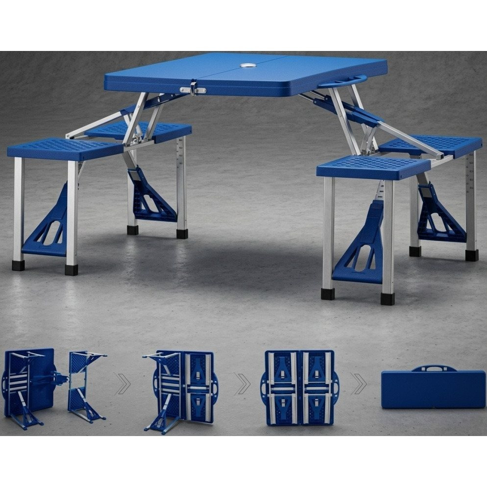 Camping Folding Table Set With 4 Chairs, Camping Table Seating Group 137x85x65 Cm Aluminum Frame, Suitcase Function, Carrying Handle, Sunshade Opening, Picnic Garden