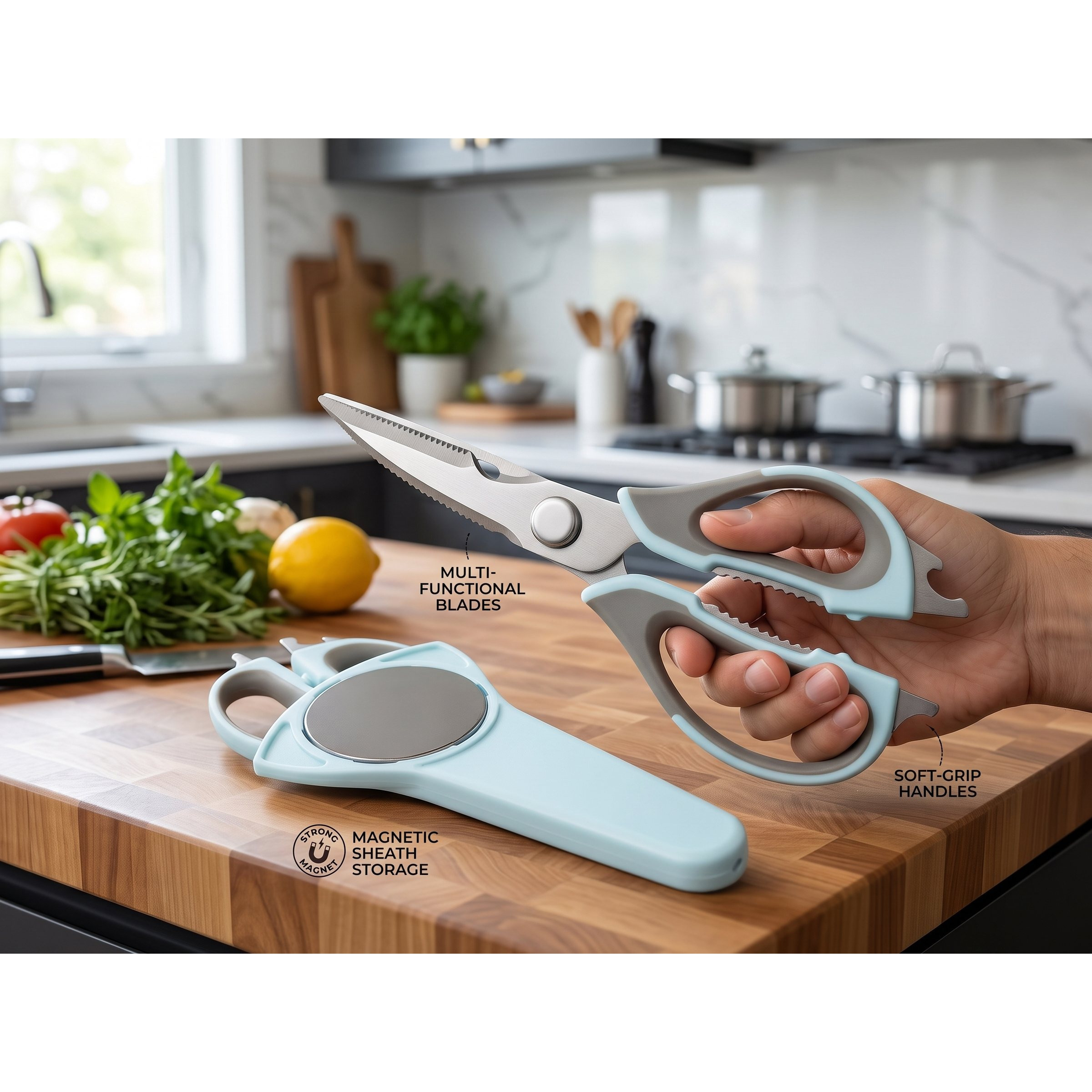 TEMU Professional Multifunctional Kitchen Scissors With Magnetic Case | Stainless Steel | Bottle Opener, Nutcracker, Fish Scaler, Jar Opener |
