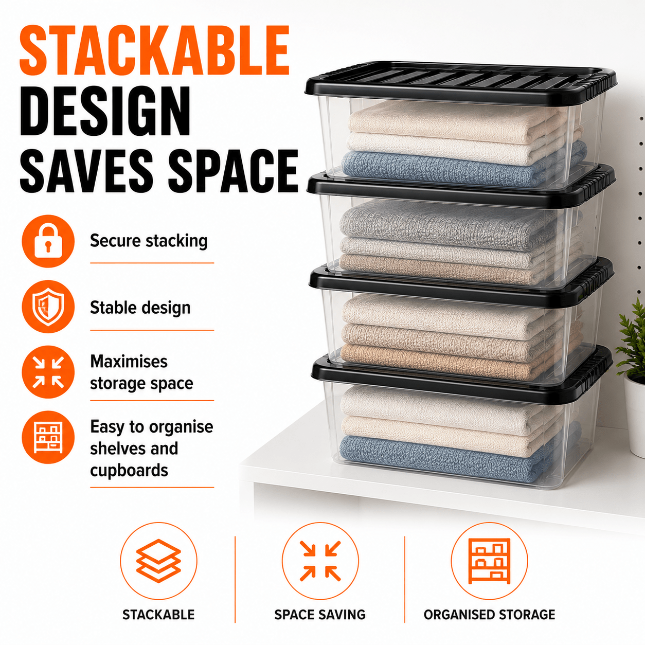 MANODU 4 Pack 14L Stackable Storage Boxes with Black Lids