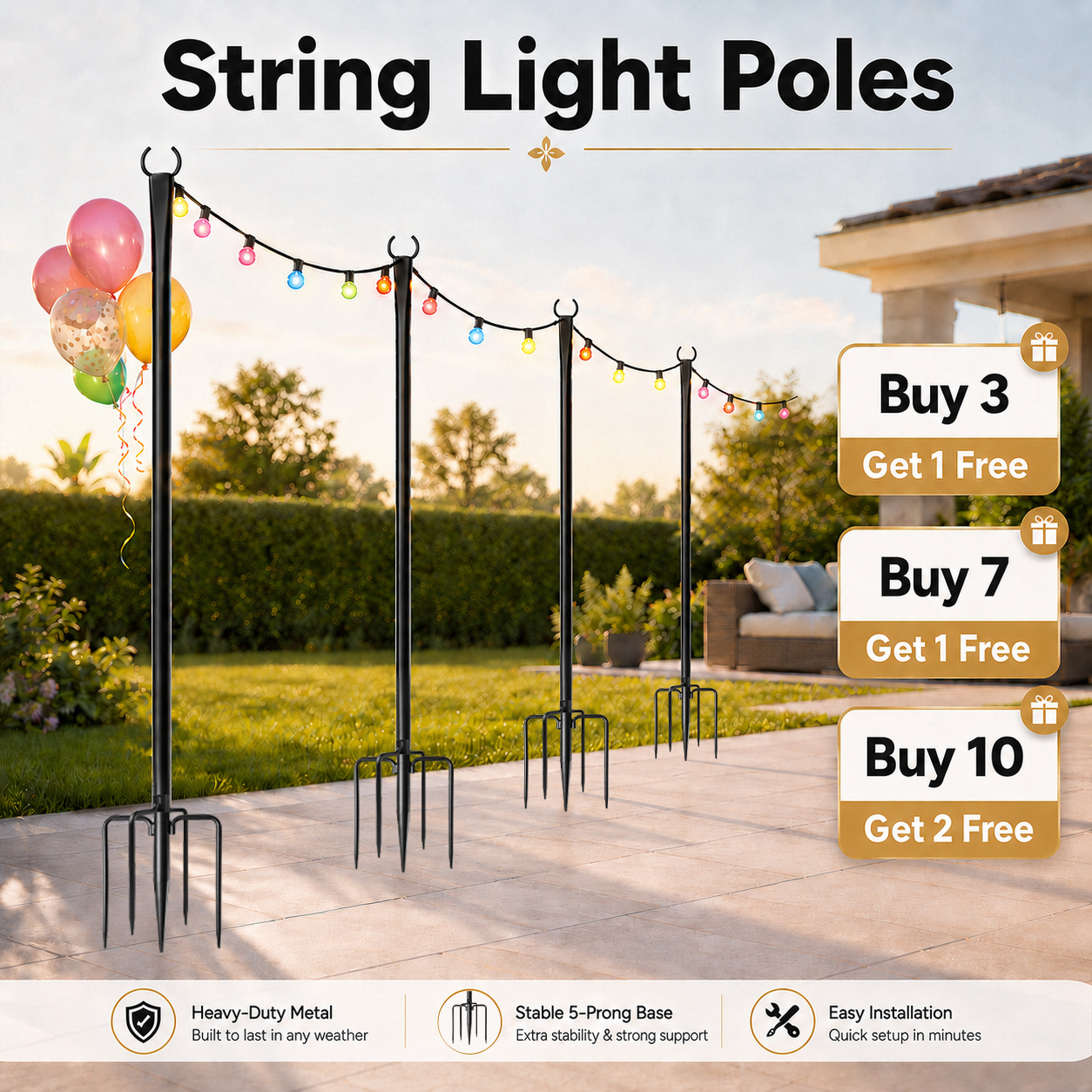 270.5cm Metal String Light Poles With Forks For Outside String Lights, Corrosion Resistant & Weatherproof, Freestanding Hanging Light Poles For Deck, Party, Wedding