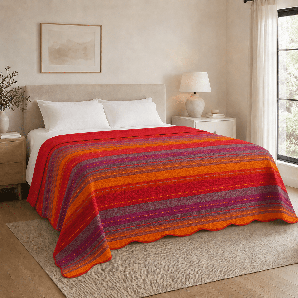 Image of Double Bedspread In 100% Cotton – Lightweight Summer Quilt With Multicolor Striped Pattern – Breathable Bedspread Blanket For Bedroom