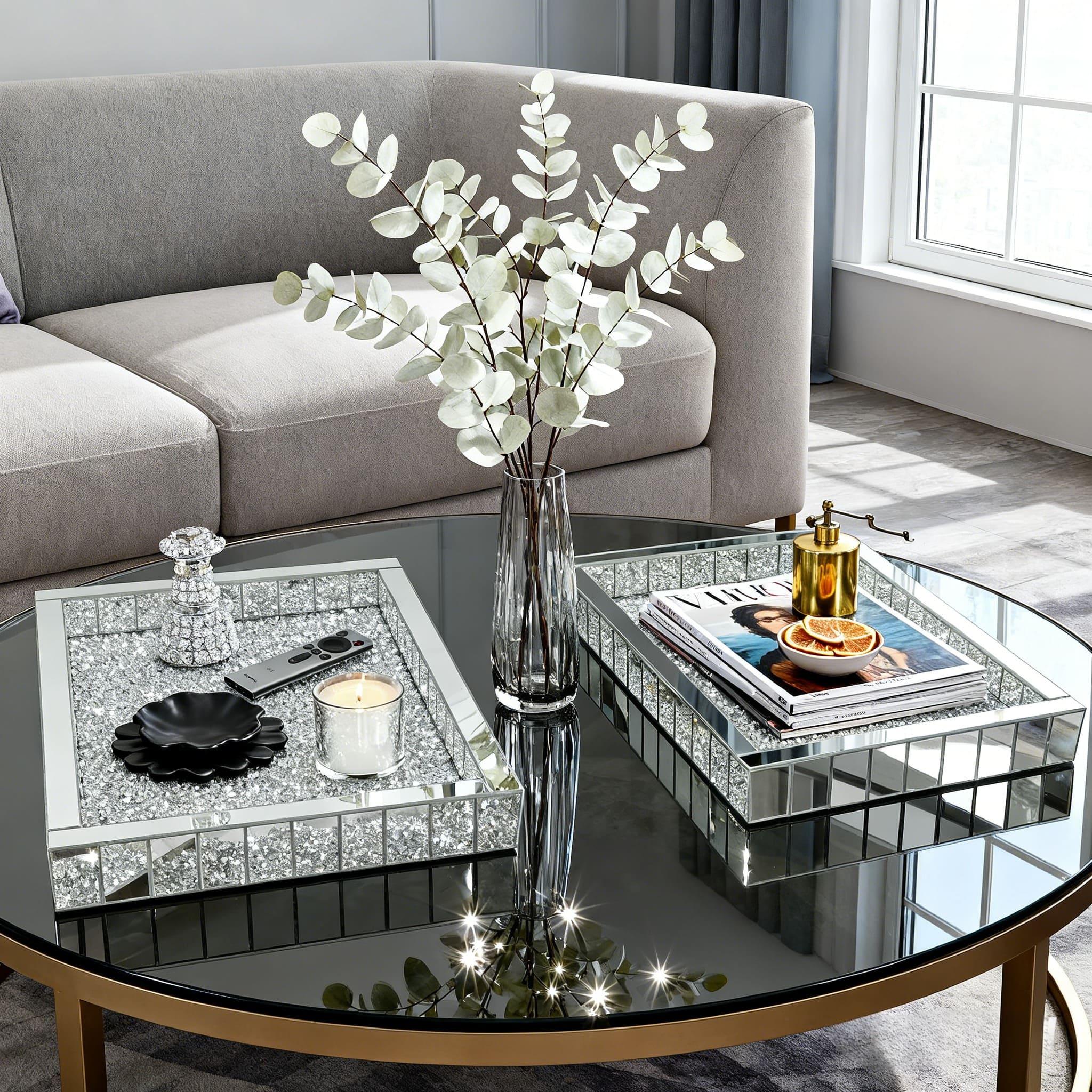 Mirrored Crushed Diamond Decorative Tray - Vanity Tray For Bathroom, Bedroom, Living Room, Versatile Serving & Organizer Tray, 37.5x27.5x5cm