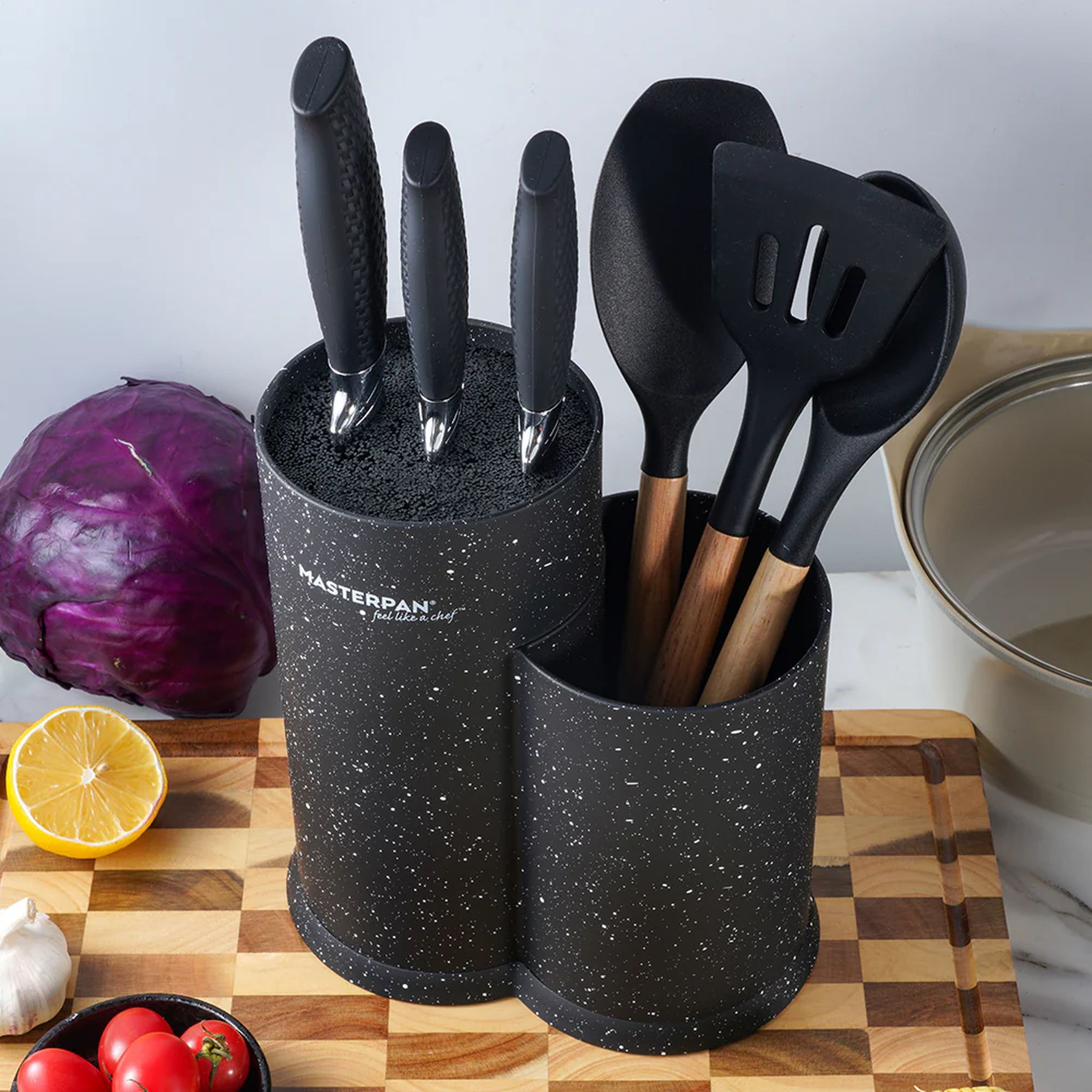 Kitchen Block For Knives And Kitchen Utensils / Stand With A Universal Insert With Removable Rods / Black Stand For Knives And Kitchen Utensils