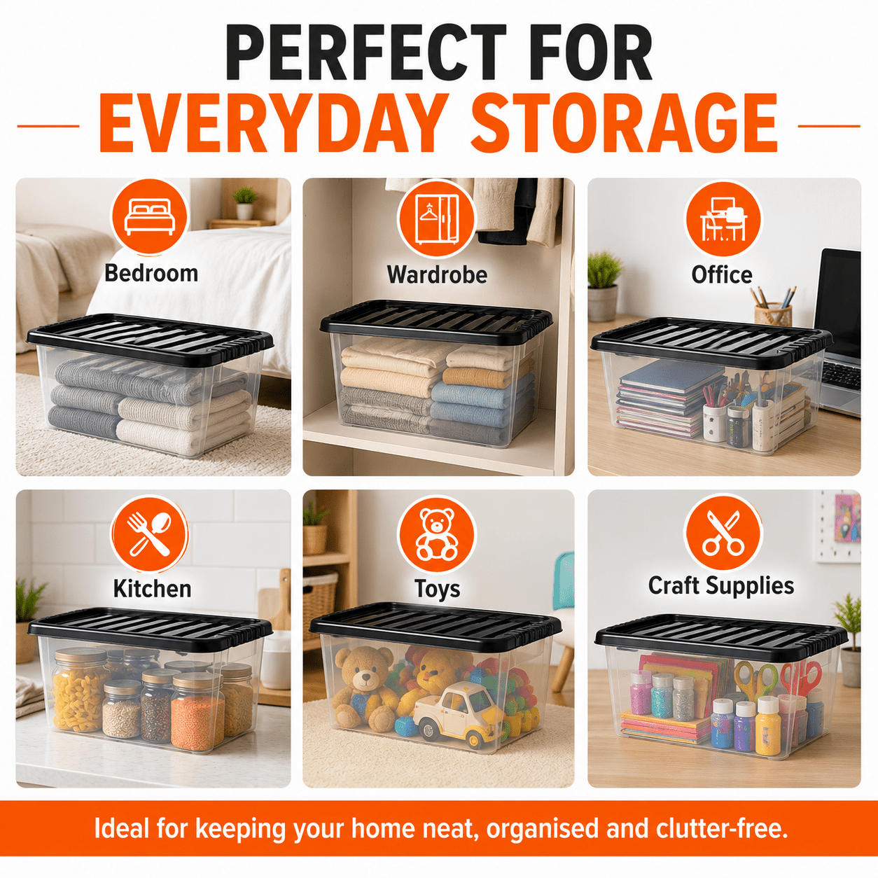 MANODU 4 Pack 14L Stackable Storage Boxes with Black Lids