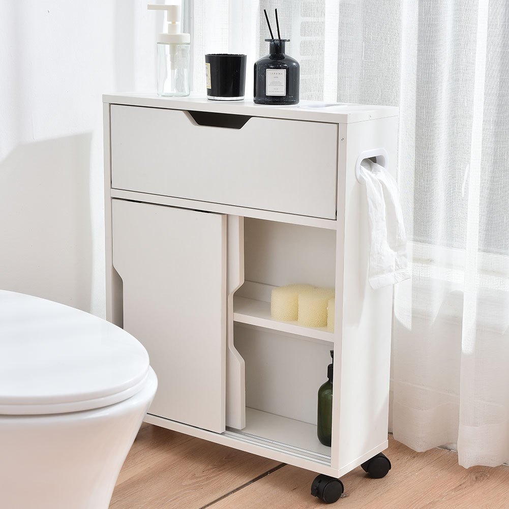 TEMU BAKAJI Armadietto Salvaspazio per Bagno, Cucina e Spazi , Mobiletto Portaoggetti Slim , , con Ruote Girevoli a 360簞, 2 Ante Scorrimento e 1 , 52