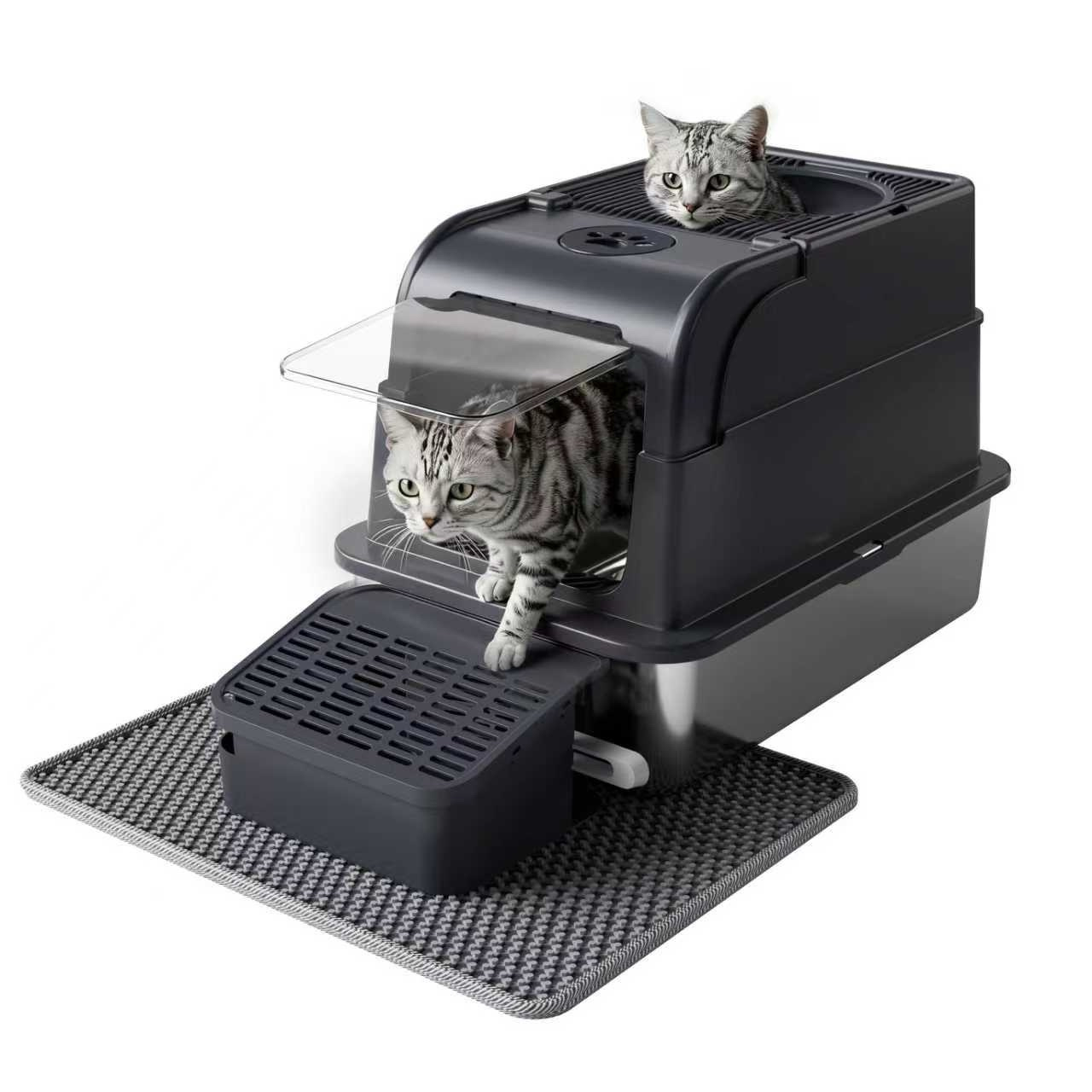 Stainless Steel Cat Litter Box - Xxl Toilet With Lid 3-in-1, 60 X 46 X 41 Cm / Includes Ramp And Litter Mat