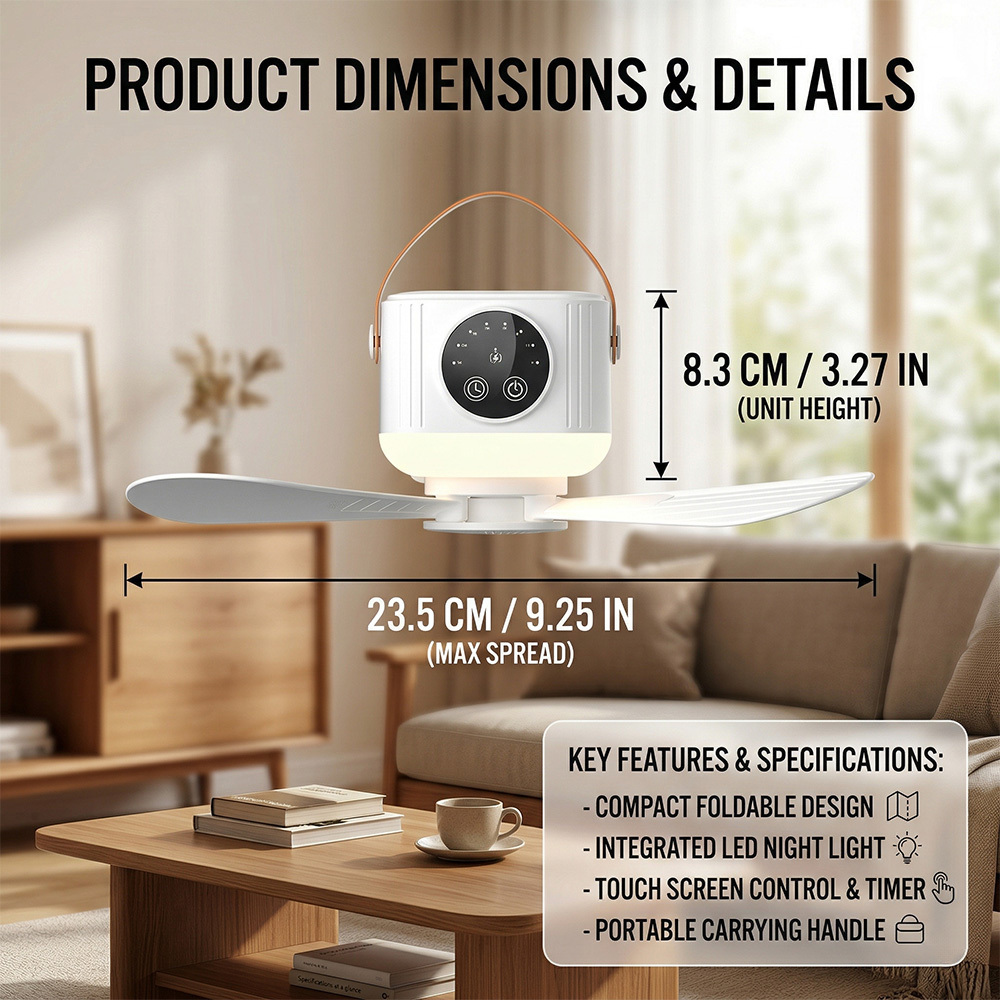 7200mAh Mini Remote Control Ceiling Fan with LED Night Light