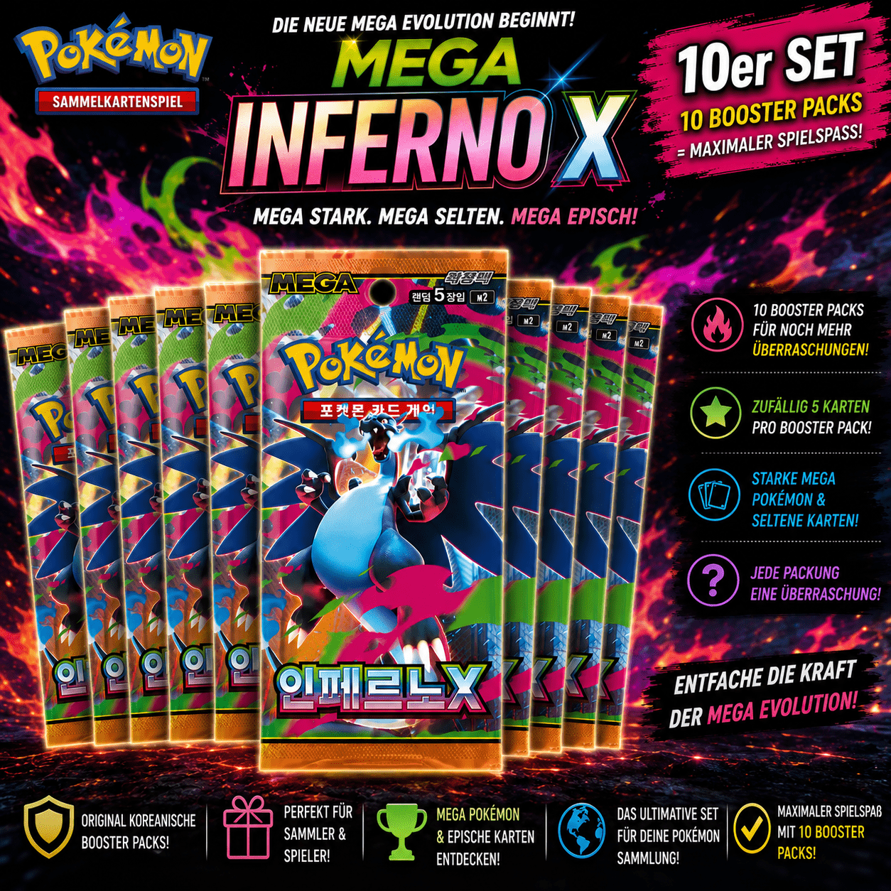 Image of Pokémon Mega Inferno X Booster 5pcs Set Korean - 5 Original Booster Packs | Mega Tcg