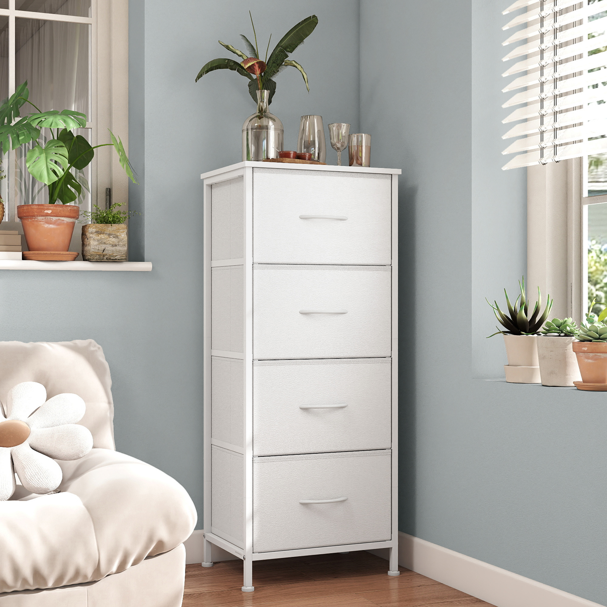 TEMU Cómoda, 4 Cajones de Tela, Acero, MDF, Tela no Tejida, para Dormitorio, Armario, Pasillo, Salón, y Nieve