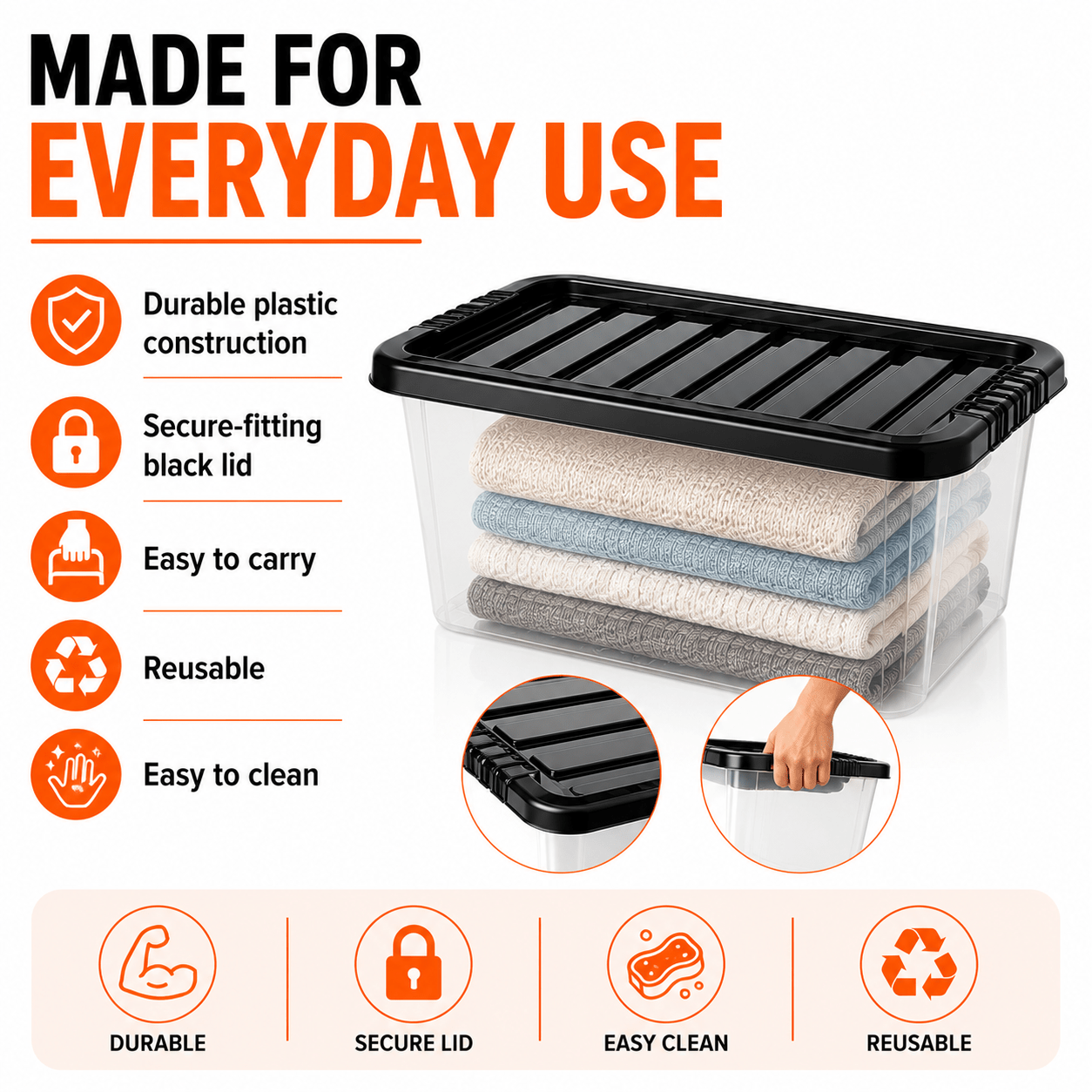 MANODU 4 Pack 14L Stackable Storage Boxes with Black Lids