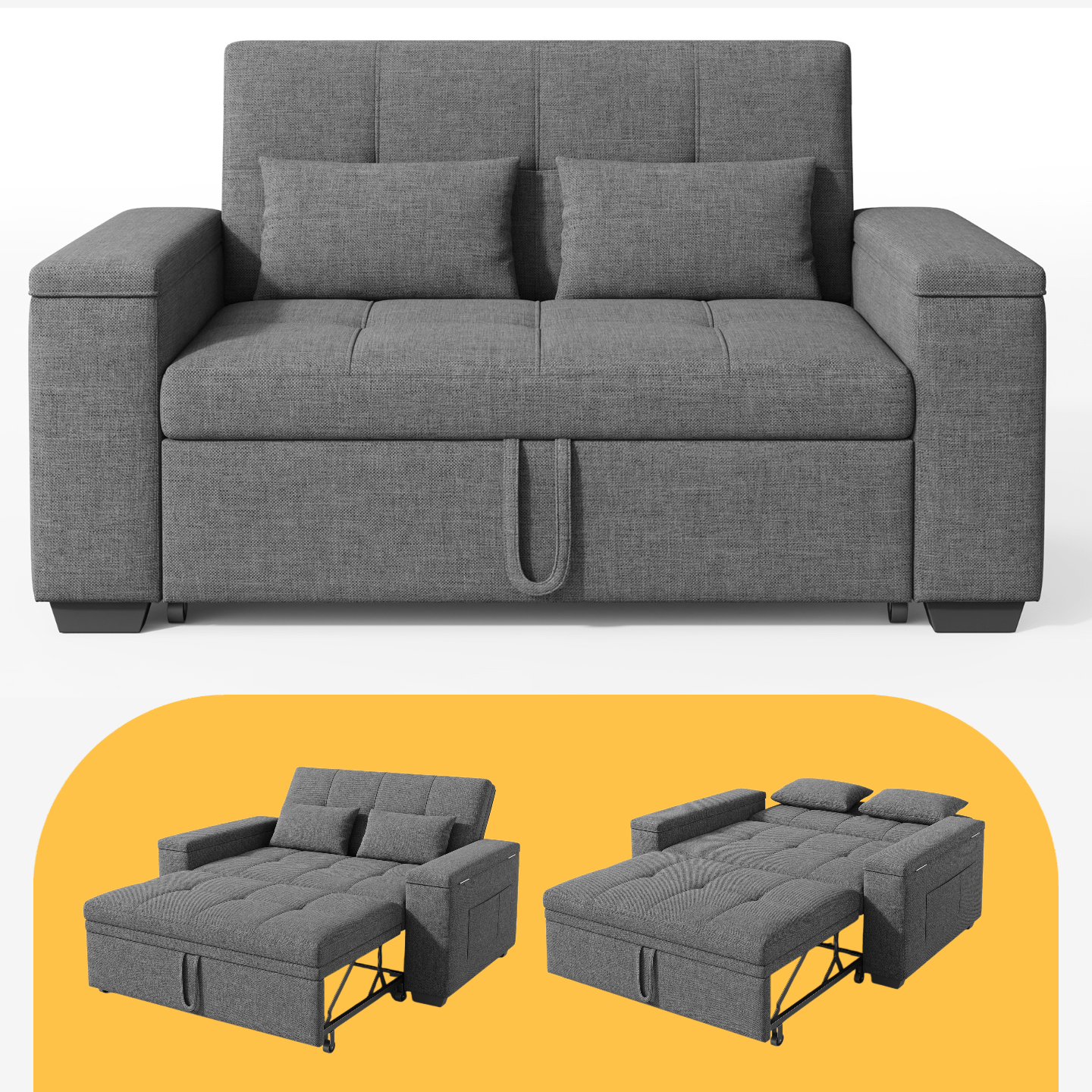 Image of Sleeper Sofa 156x70x85 Cm 3-in-1 With Reclining Function, Back Cushion & Storage In The Armrests, For Small Apartments & Guest Rooms, Dark Grey/light Grey Coree D1627ar
