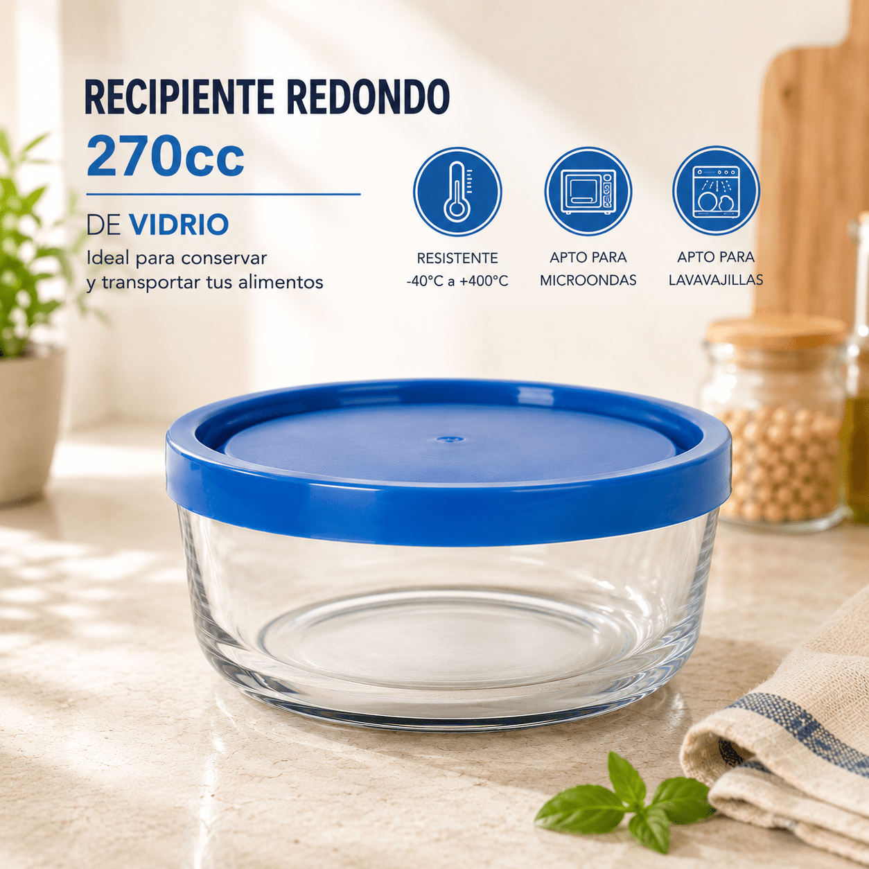 TEMU Recipiente de Vidrio 270 cc con Azul | para Microondas, Congelador y Lavavajillas | Hermético, Reutilizable y Resistente al y al Frío