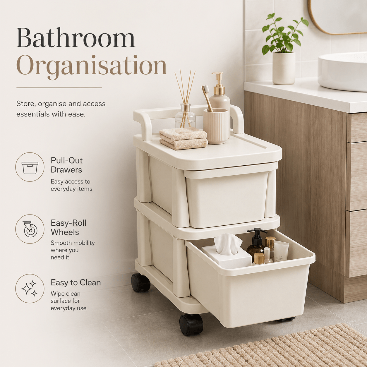 2-Tier Plastic Storage Drawer Trolley with Wheels