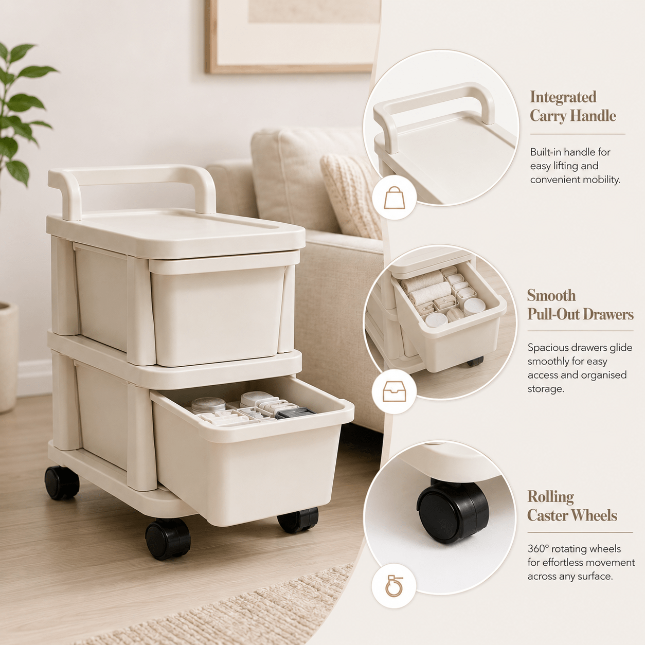 2-Tier Plastic Storage Drawer Trolley with Wheels