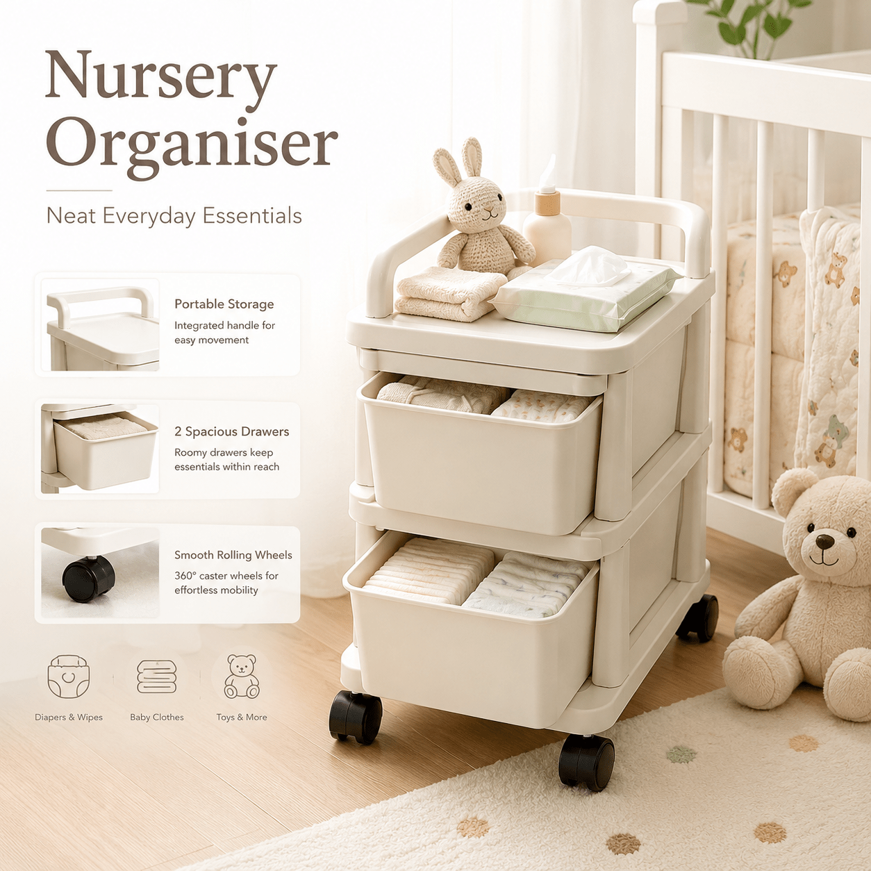 2-Tier Plastic Storage Drawer Trolley with Wheels