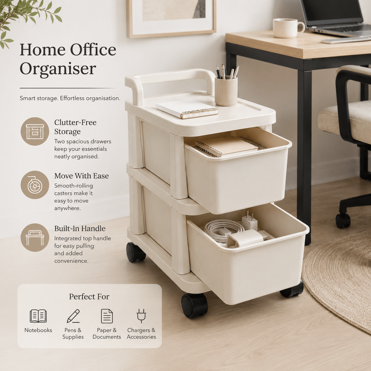 2-Tier Plastic Storage Drawer Trolley with Wheels