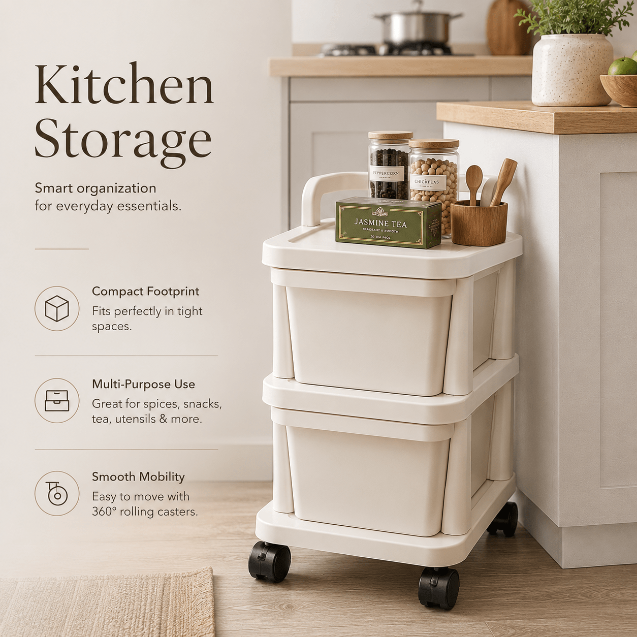 2-Tier Plastic Storage Drawer Trolley with Wheels