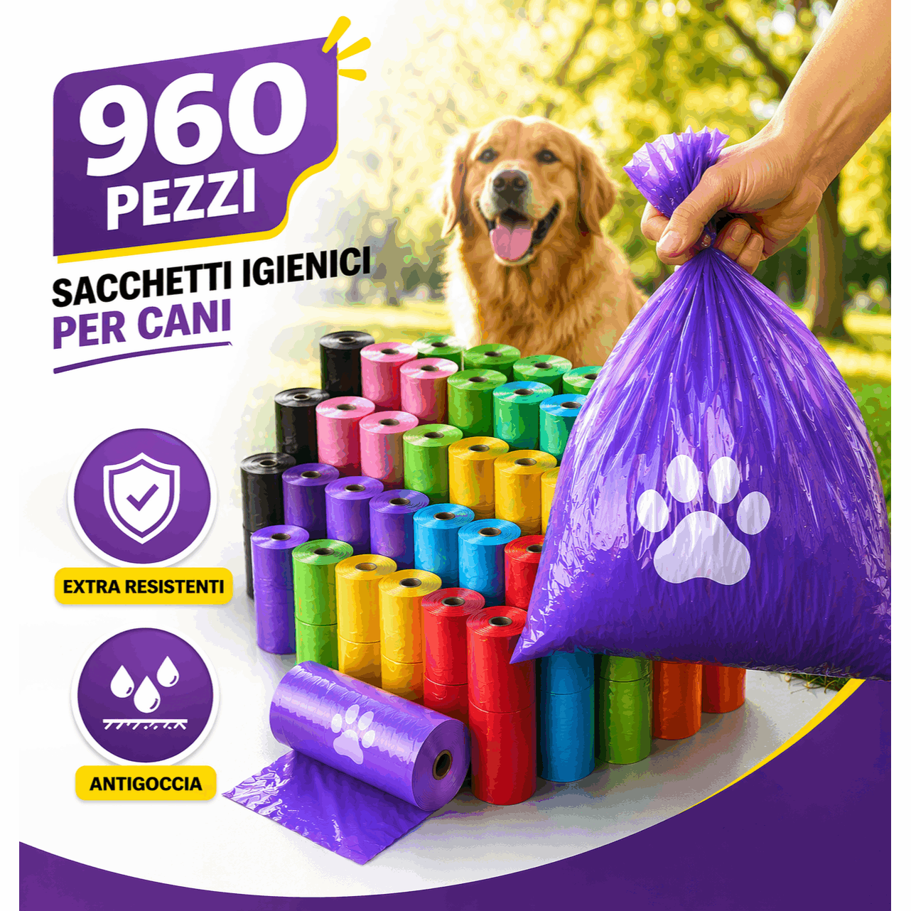 TEMU 960 Sacchetti Igienici per Cani �� 48 Rotoli Colorati, Extra Resistenti Antiperdita, 31�22 cm �� Maxi Portatile