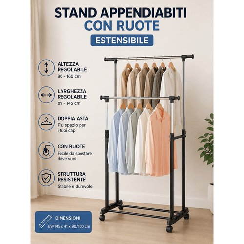 item picture double rod adjustable height and width stand with wheels space saver for bedroom and wardrobe organizer for clothes and accessories easy to move and adjust