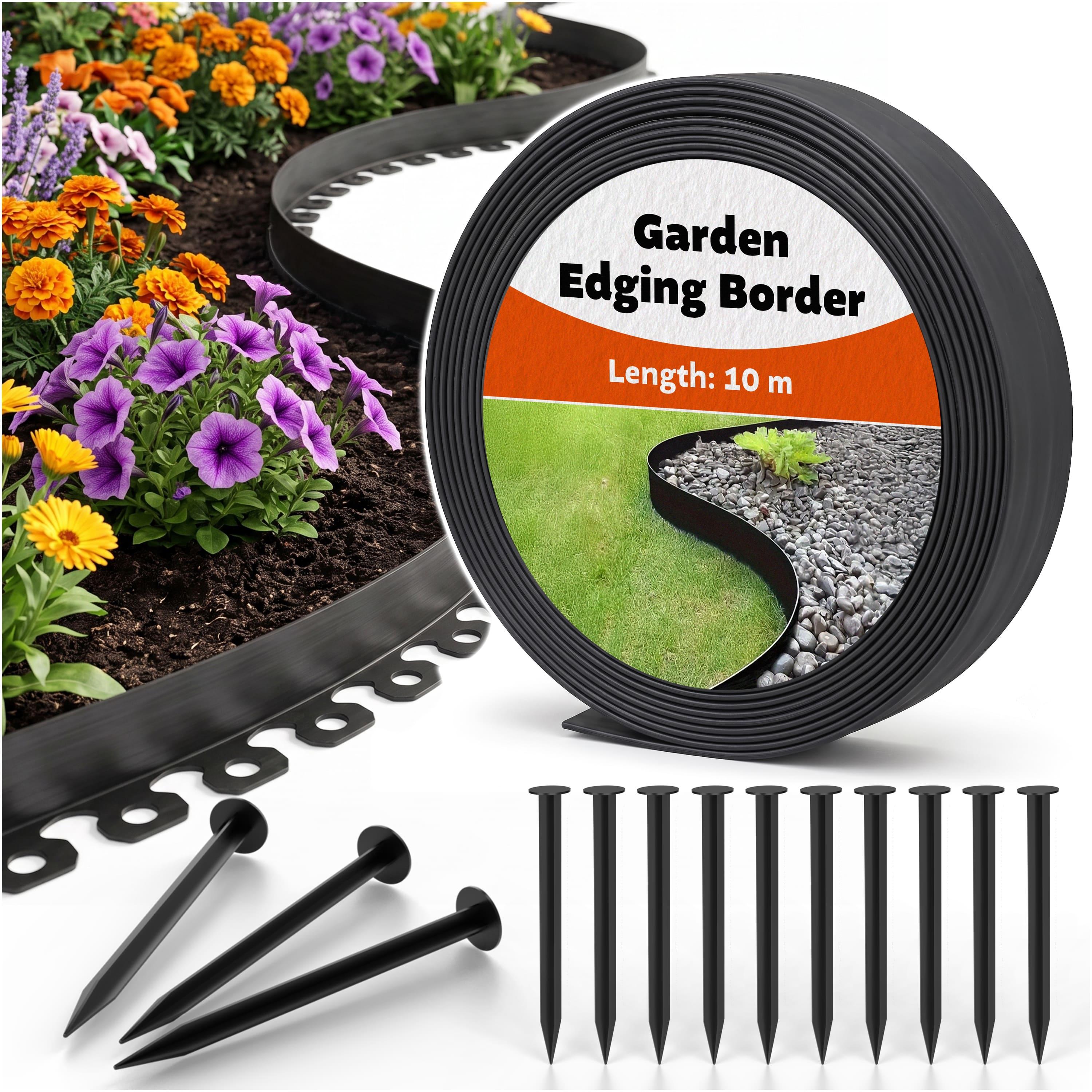 TEMU Black Lawn Edging Border 10 M With 20 Stakes, Flexible Tape For Separating Flower Beds, , And Lawns, Garden Fence, Fence Edging, Durable Uv And