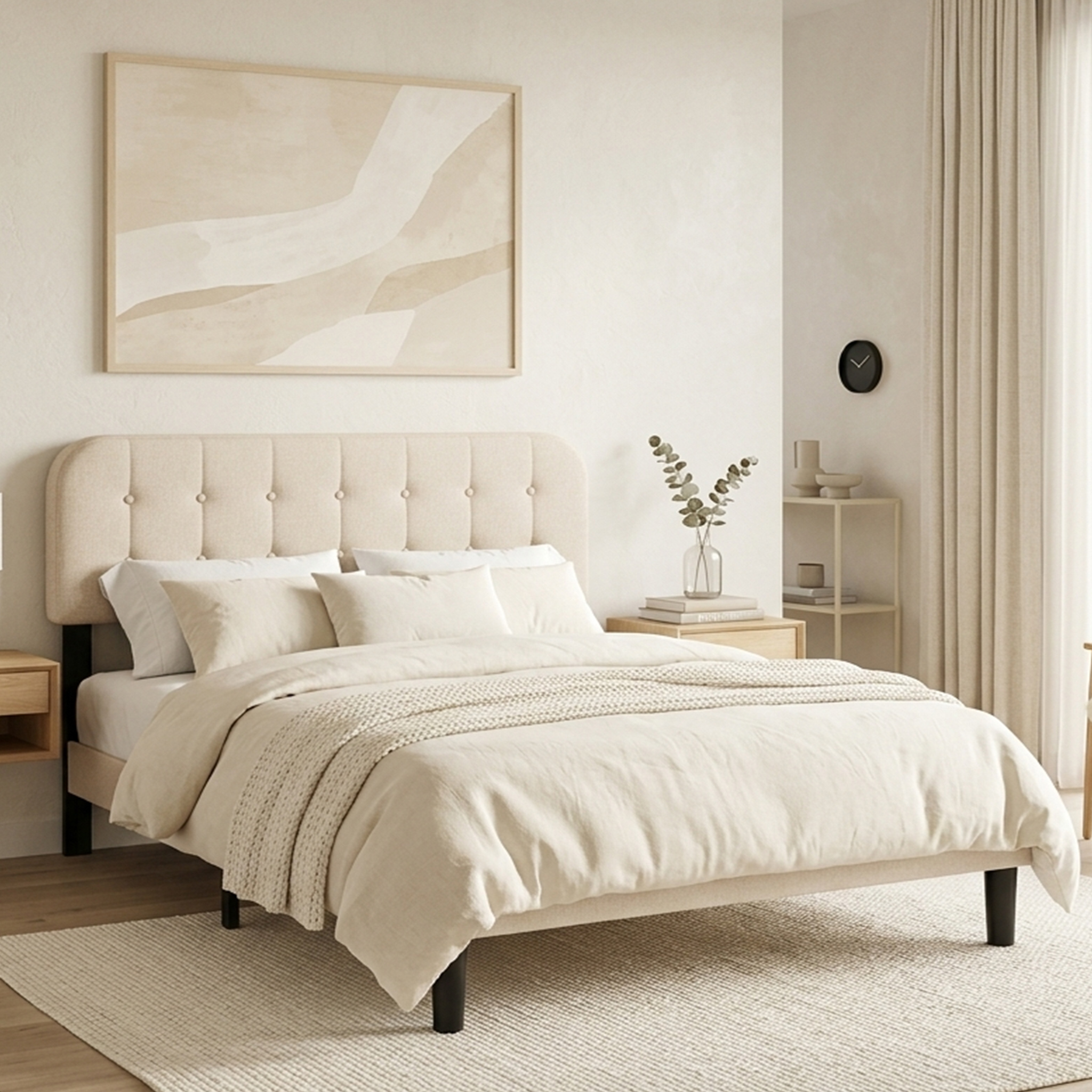 Upholstered Bed 140×200 Cm | Double Bed With Slatted Frame & Adjustable Headboard | | Without Mattress | Sturdy & Durable | Beige/dark Grey 54-14bf