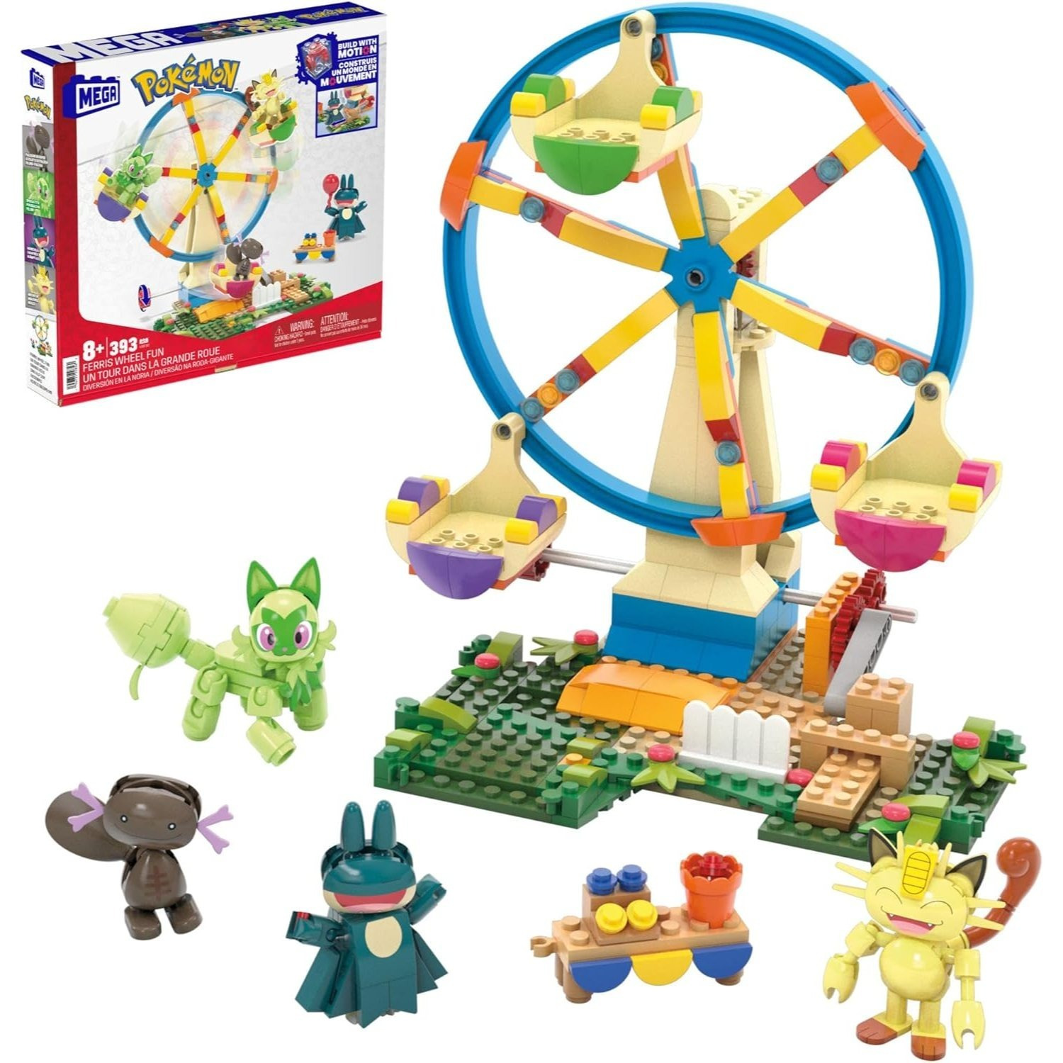 Image of Mega Pokémon Wheel Building Set With 393 Pieces, Featuring Articulated Figures Of Pusheena, , , And Axolotl From Paldea, Hxf80