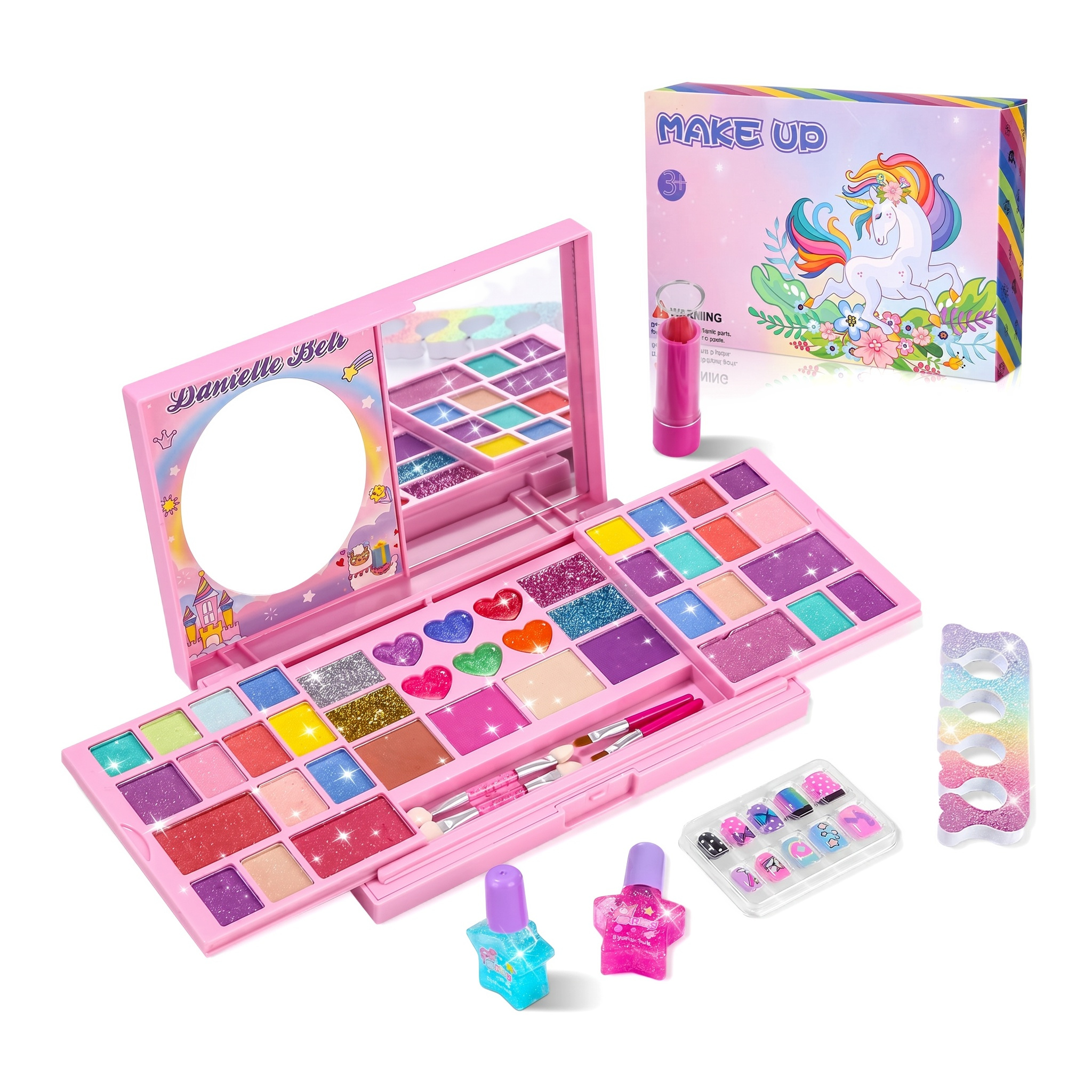 Image of Girls Pretend Up Set, Large Unicorn Cosmetic With Mirror & Accessories, Safe Washable Kids Makeup Toy, Christmas Birthday Party Gift For Children