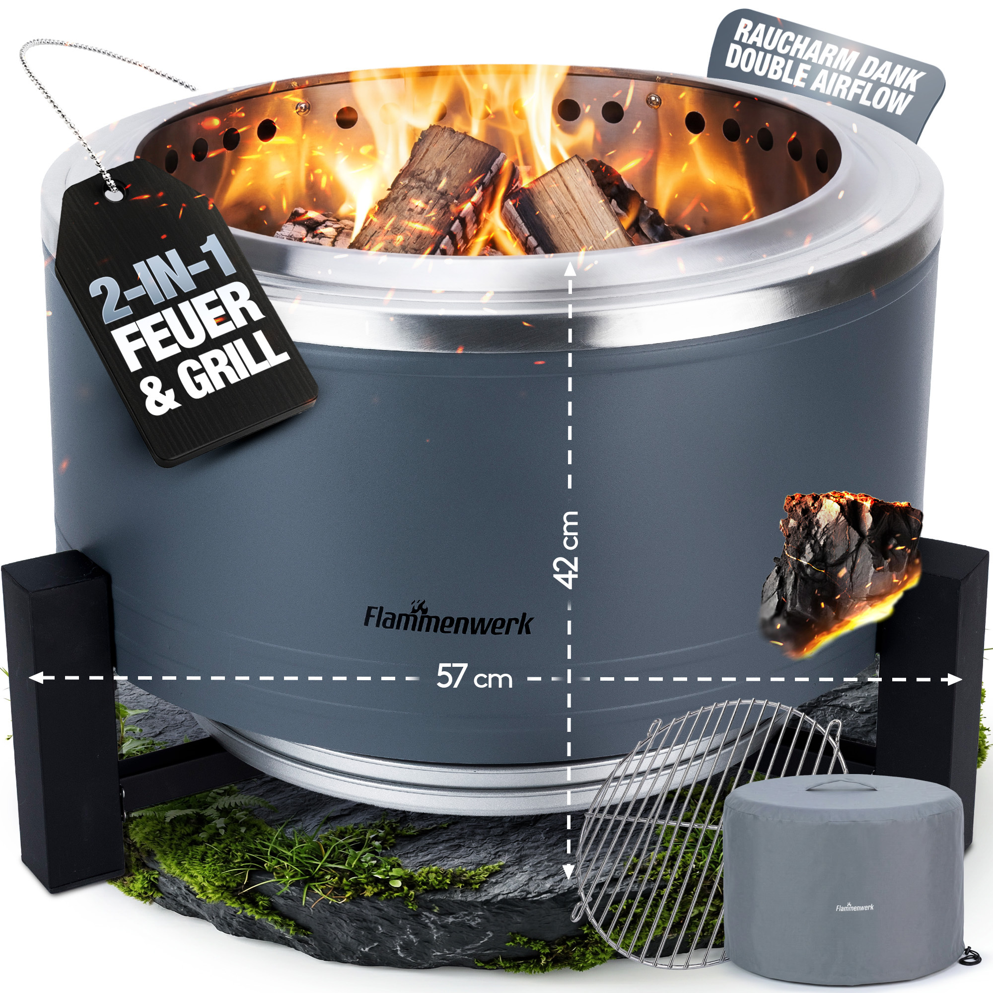 Flammenwerk Low- & Pellet Fire Pit With Grill Grate – Patented Smokeless Technology, Dual-, Stainless Steel & Steel – Outdoor Fire Pit & Grill For Garden, Patio & Camping