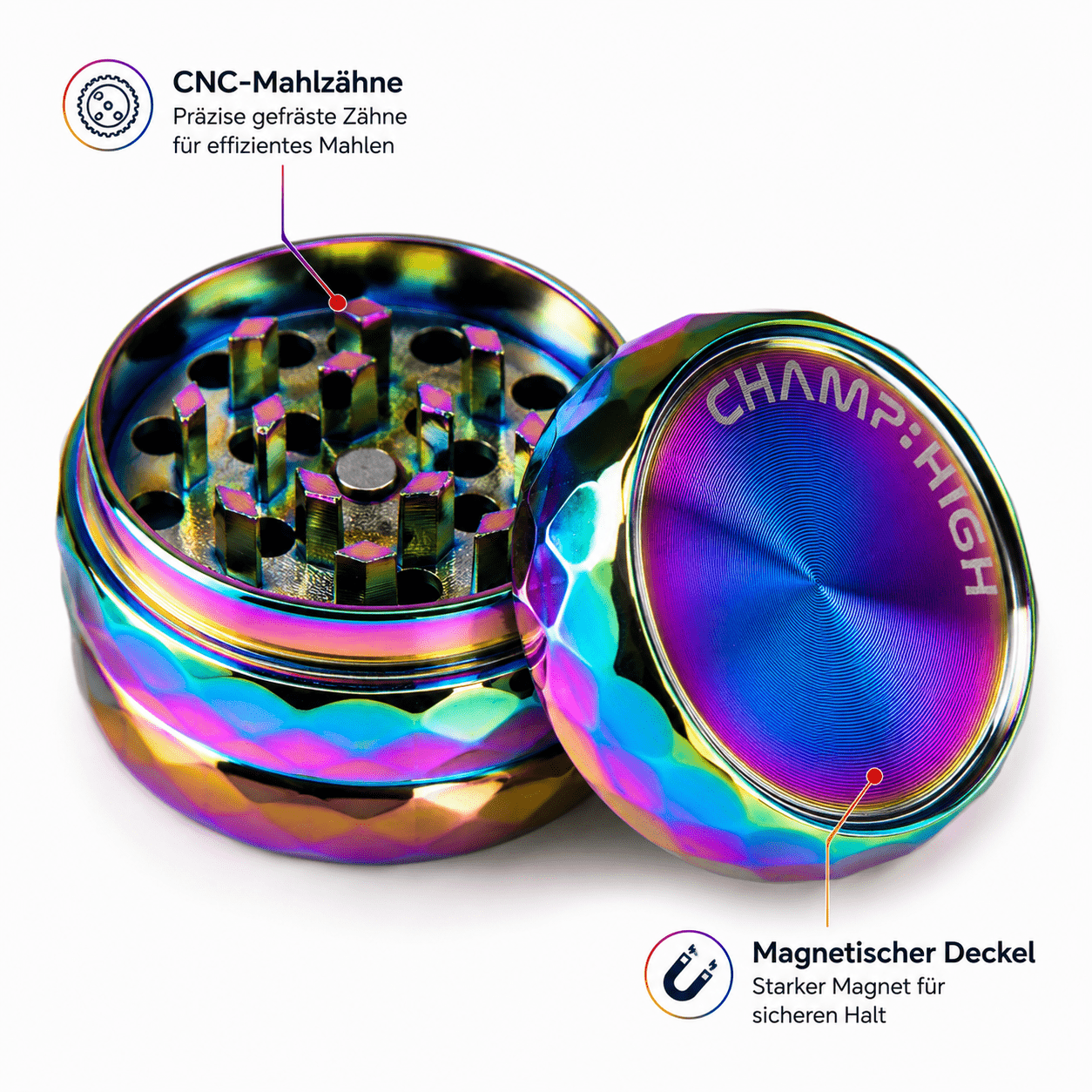 Aluminum Grinder Diamond Rainbow Ø 42 Mm, 4-piece Set, Cnc Grinder With Magnetic Closure, Sieve, Pollen Scoop, And Rainbow Finish