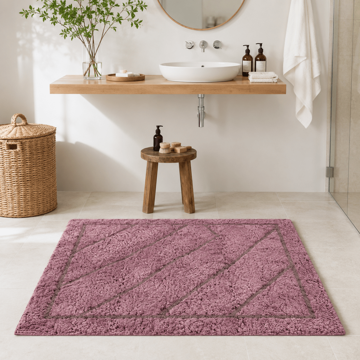TEMU Tappeto 100% Cotone 50�80cm, Tappetino Geometrico Assorbente, Retro Antiscivolo, Tappetino da Doccia Rosa, per Soggiorno, Camera da Letto, Bagno