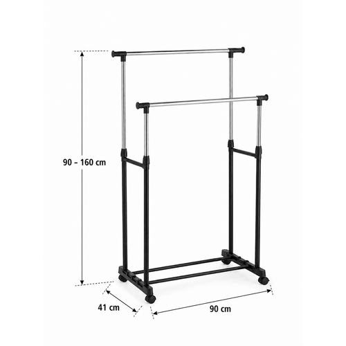 double rod adjustable height and width stand with wheels space saver for bedroom and wardrobe organizer for clothes and accessories easy to move and adjust