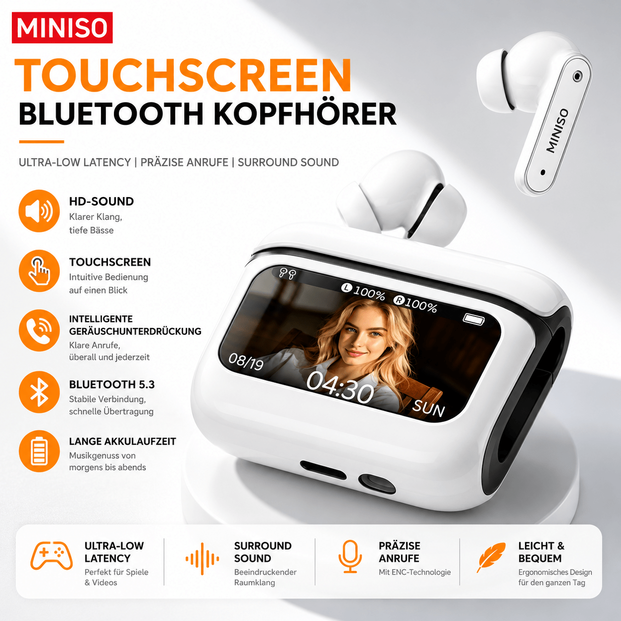 Image of Miniso Ms128 Upgraded Touch Screen Gaming Wireless Headset, With A High-sensitivity Touch Screen Integrated Body. Level, Connection Mode, And Volume Are Clear At A