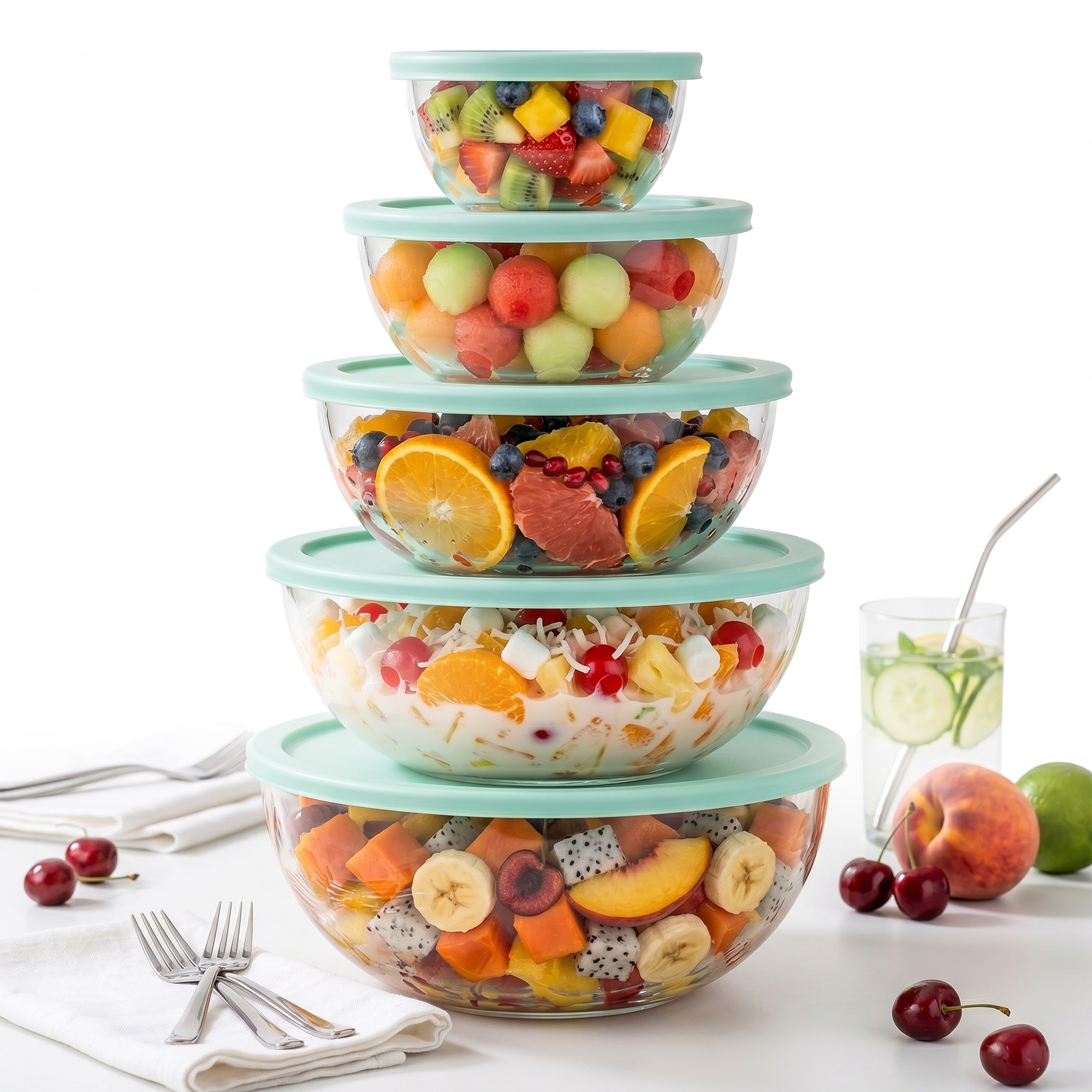 Image of And 5pcs Glass Salad Bowl Set With Lid - Borosilicate Glass Mixing Bowl Set, Bpa-free, Stackable, Dishwasher & Microwave Safe, 0.19l-3.3l, Salad Bowls For Kitchen & Meal Prep