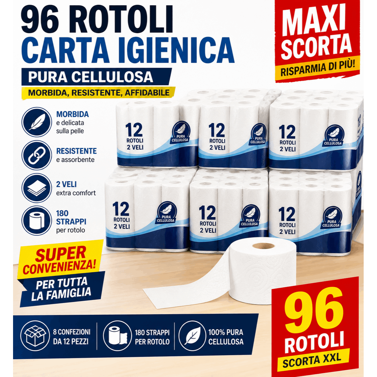 TEMU Mega offerta 96 rotoli carta igienica 2 veli, 180 strappi �� super famiglia, morbida e resistente, subito!