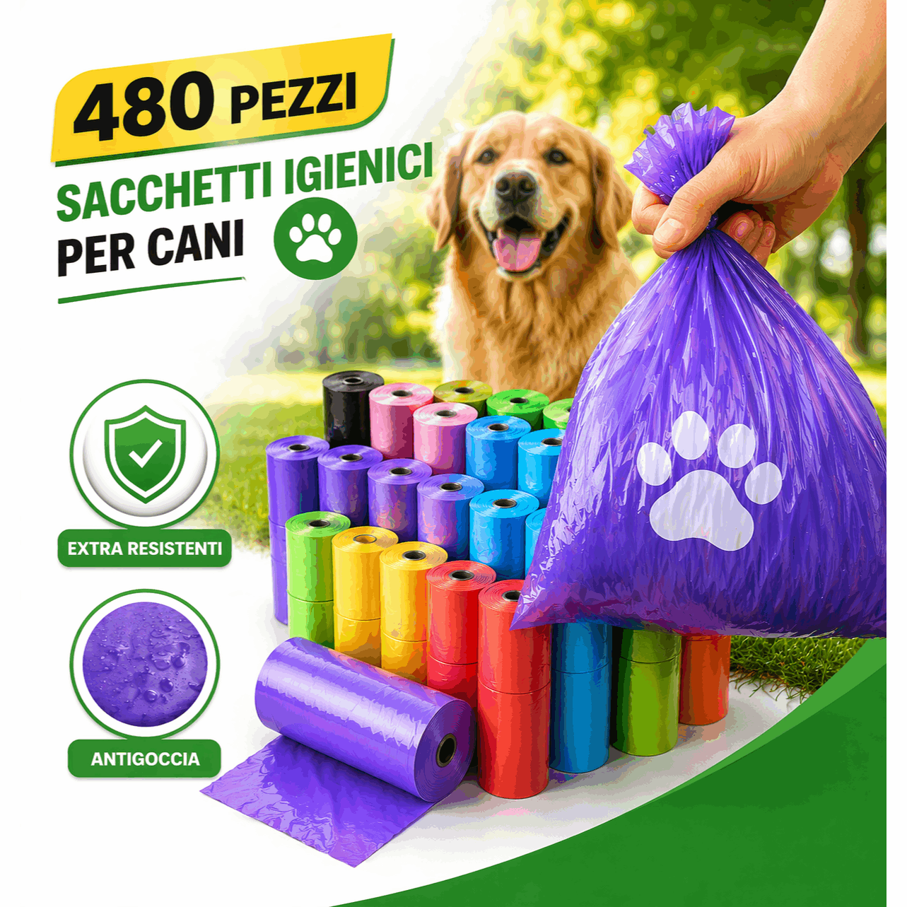 TEMU 480 Sacchetti Igienici per Cani �� 24 Rotoli Colorati, Extra Resistenti Antiperdita, 31�22 cm �� Maxi Portatile