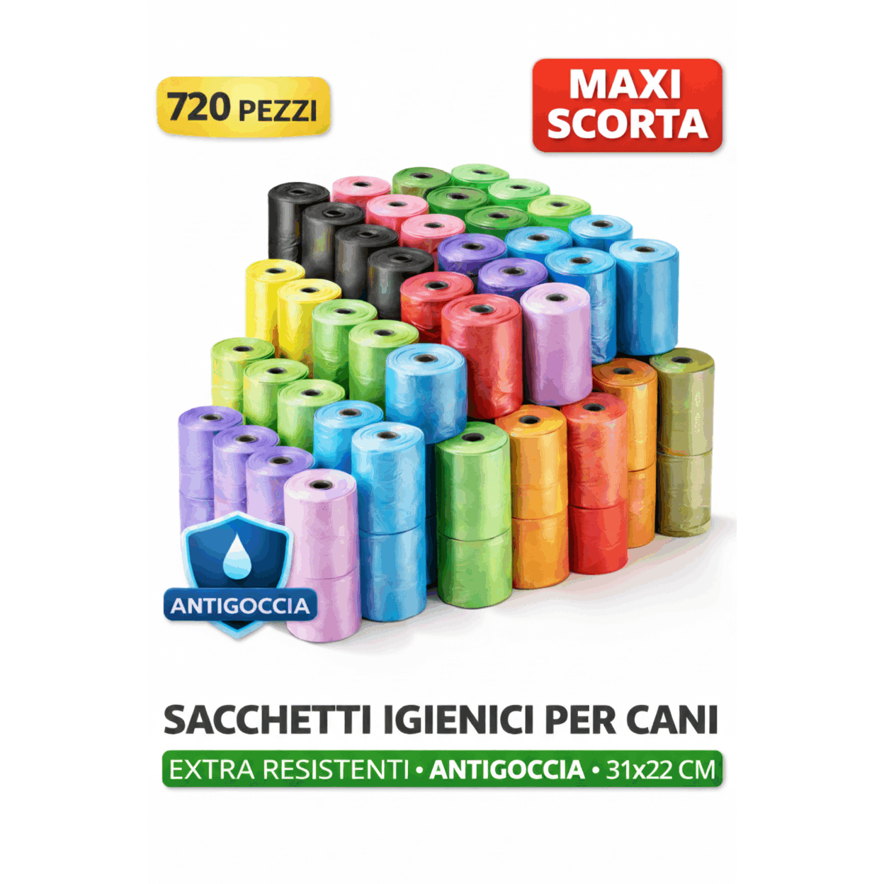 TEMU 720 Sacchetti Igienici per Cani �� 36 Rotoli Colorati, Extra Resistenti Antiperdita, 31�22 cm �� Maxi Portatile