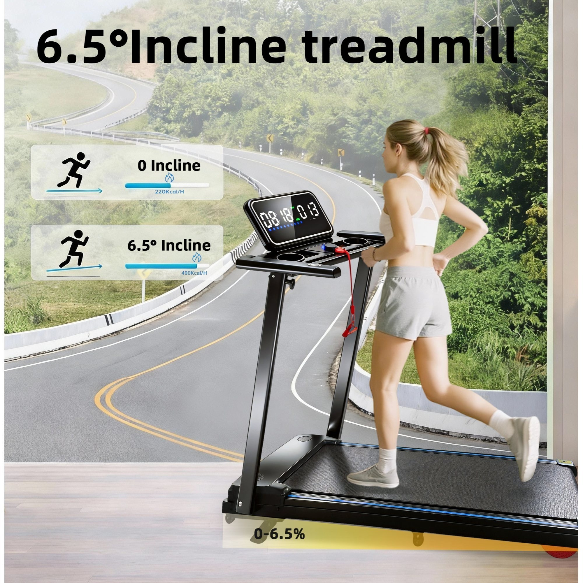 Portable Treadmill with Handle, 6.5% Manual Incline