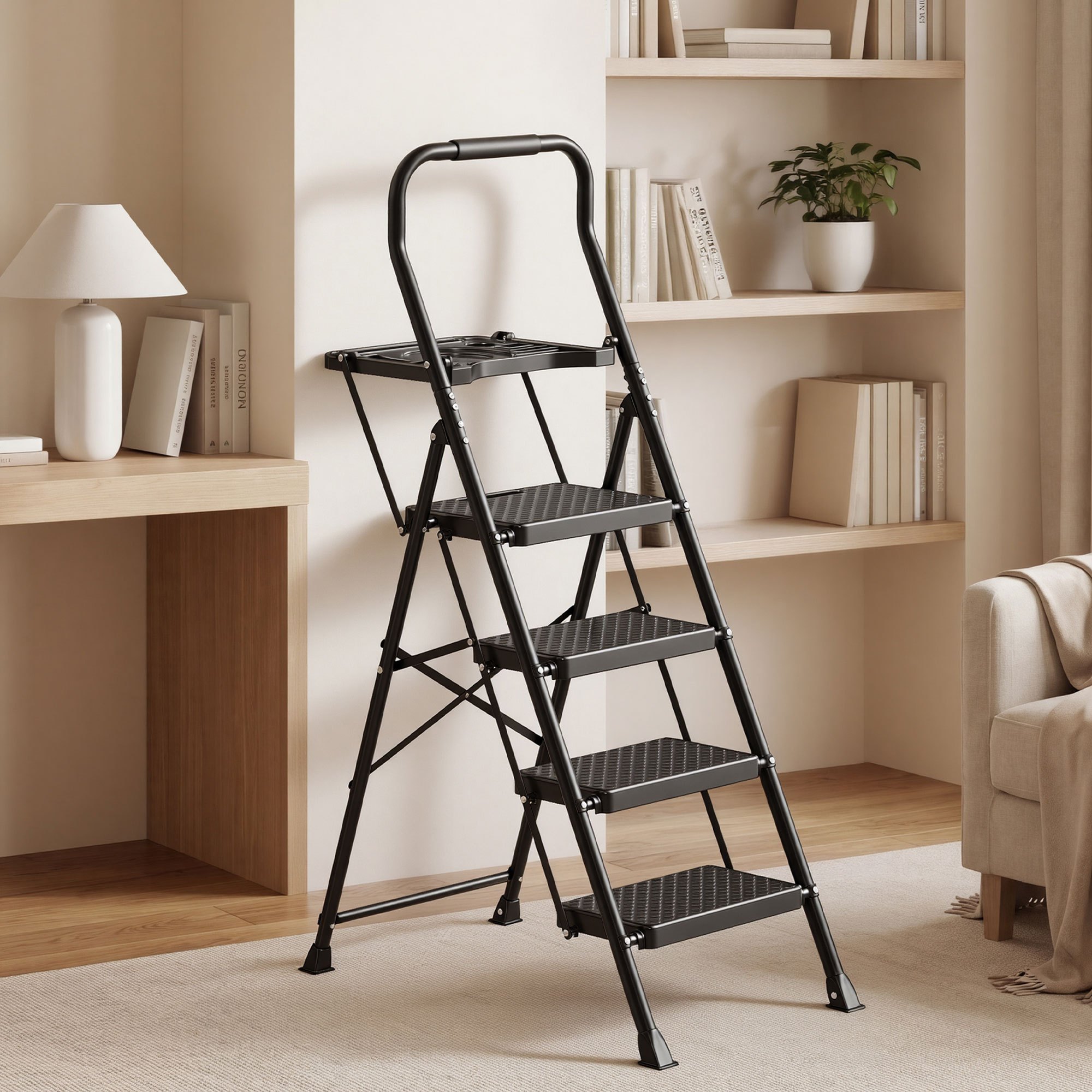 TEMU Folding 4-step Steel Ladder, Non-slip With 150 Kg Capacity, Open Dimensions: 84.5 X 50 X 145.7 Cm (w X D X H)